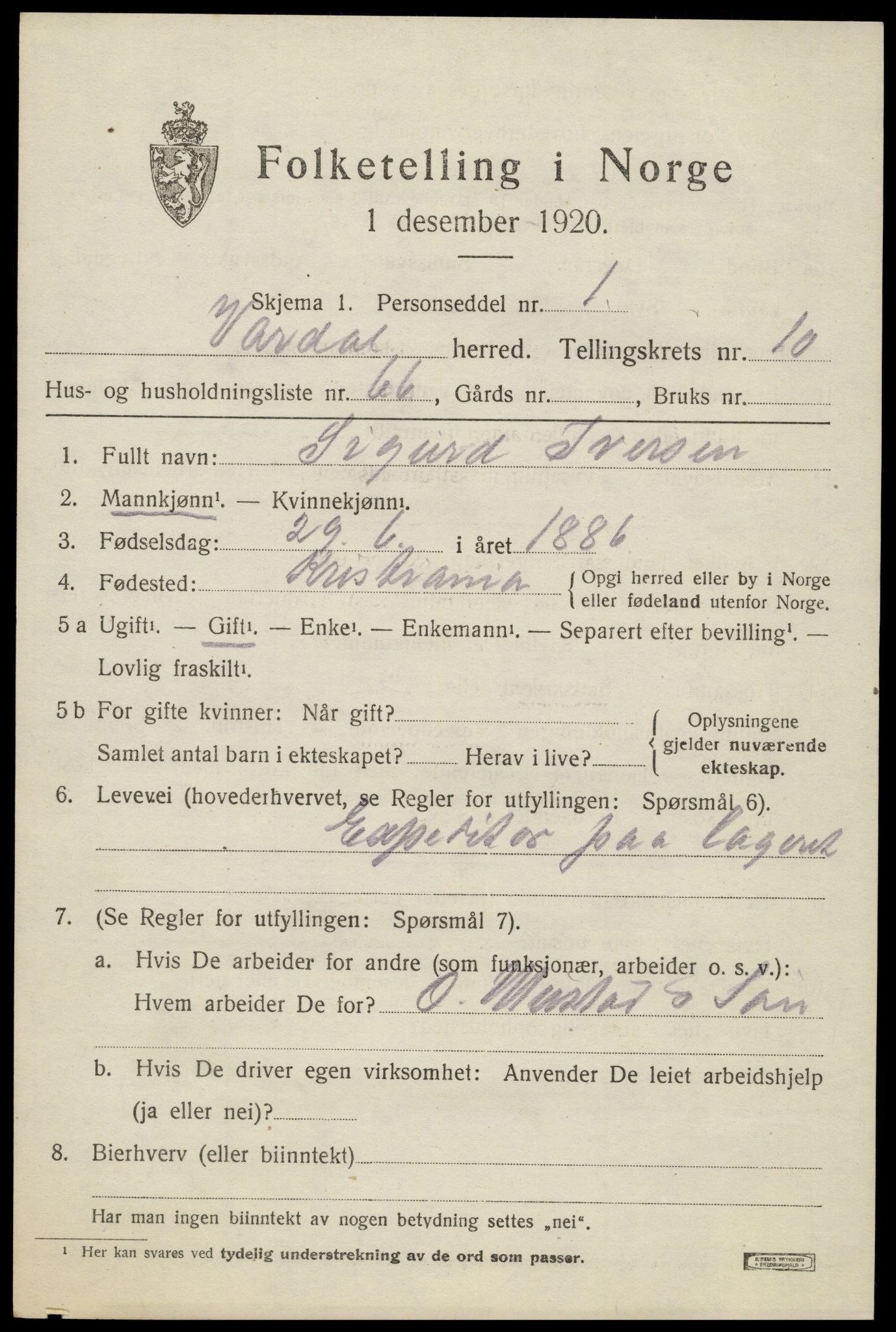 SAH, 1920 census for Vardal, 1920, p. 9593