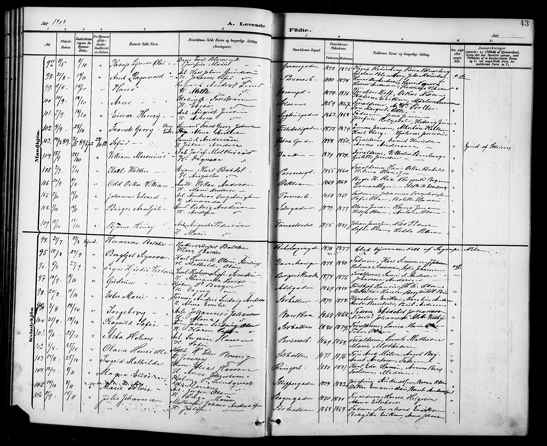 Halden prestekontor Kirkebøker, AV/SAO-A-10909/G/Ga/L0010: Parish register (copy) no. 10, 1900-1923, p. 43
