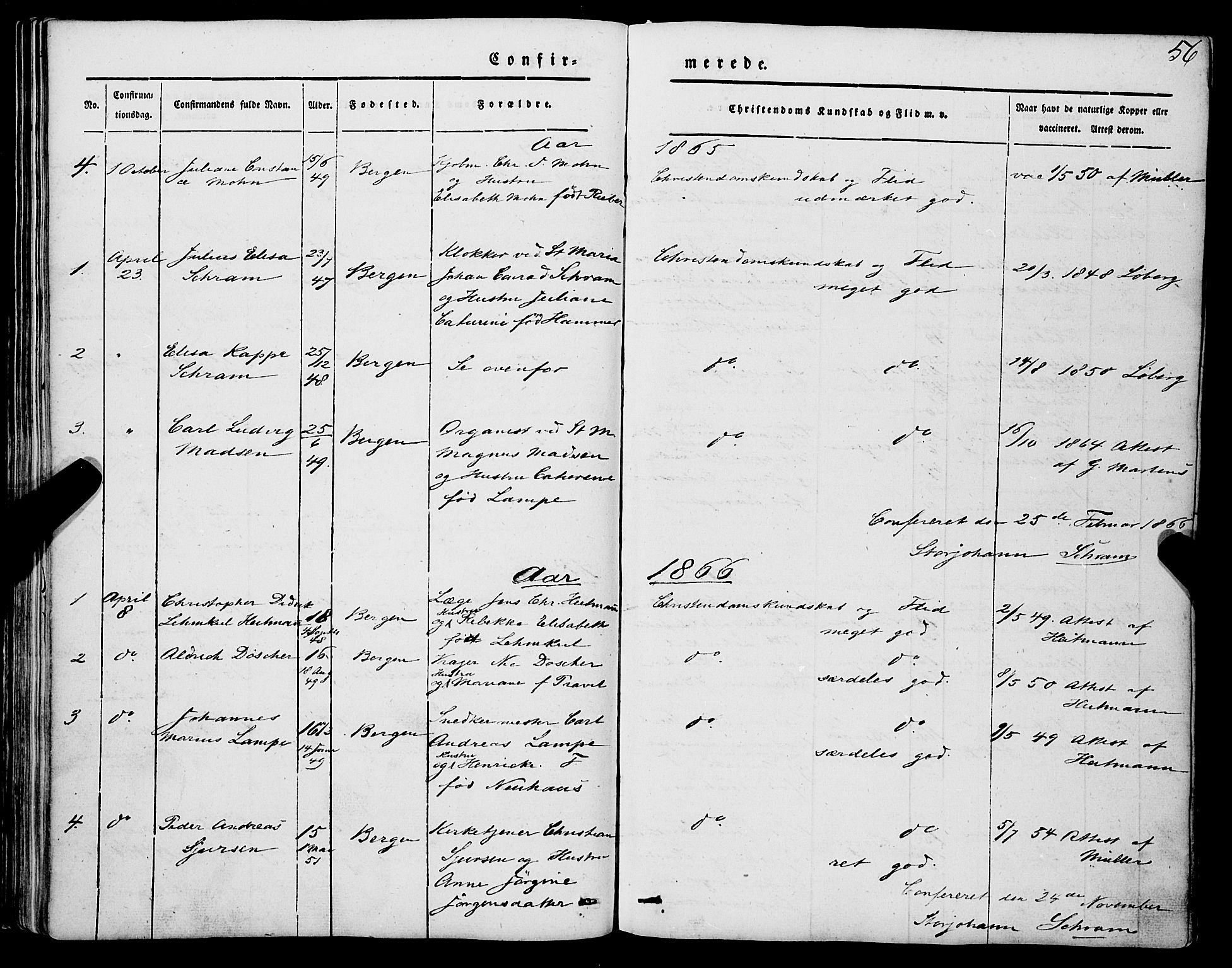 Mariakirken Sokneprestembete, AV/SAB-A-76901/H/Haa/L0006: Parish register (official) no. A 6, 1846-1877, p. 56