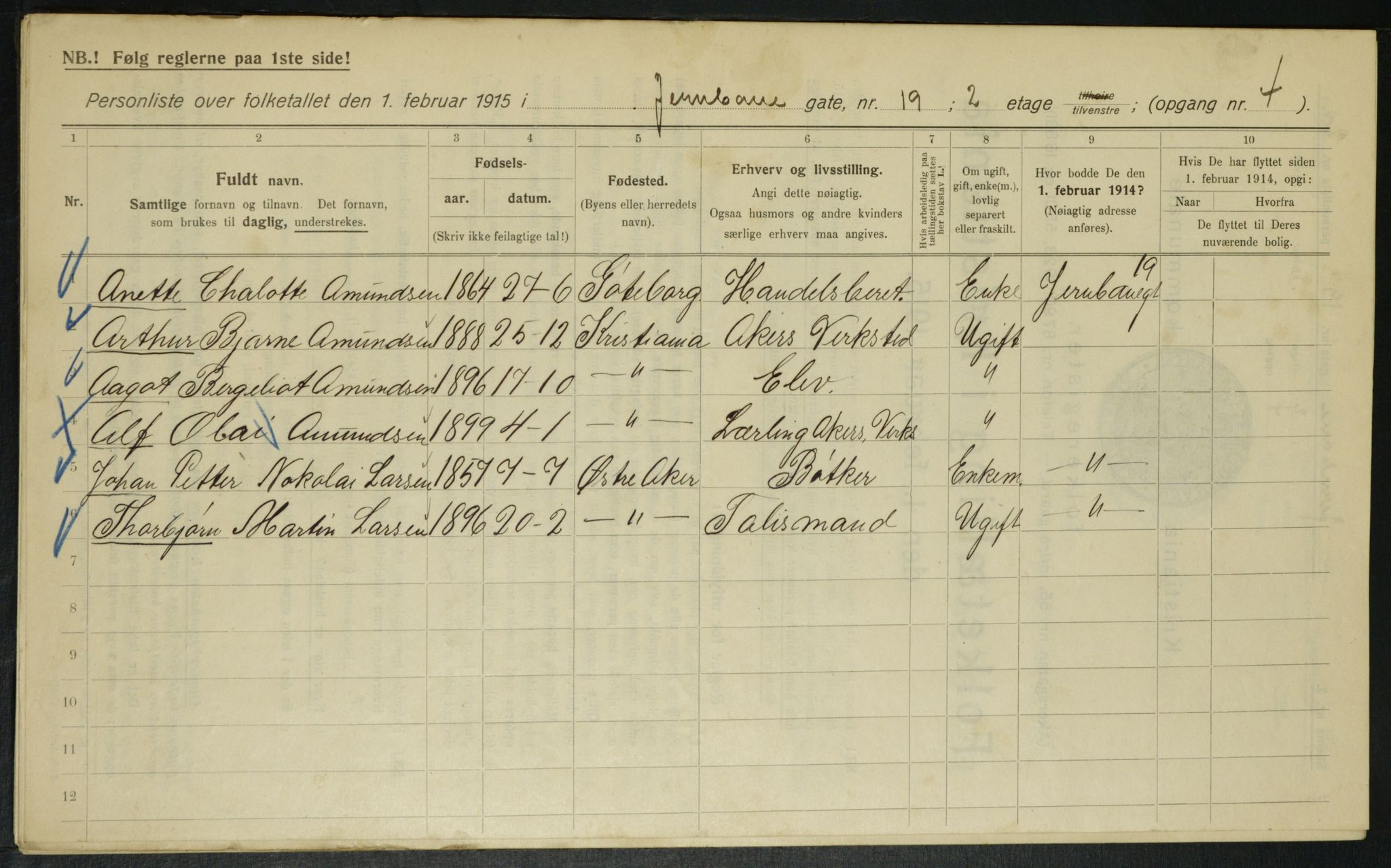 OBA, Municipal Census 1915 for Kristiania, 1915, p. 46374