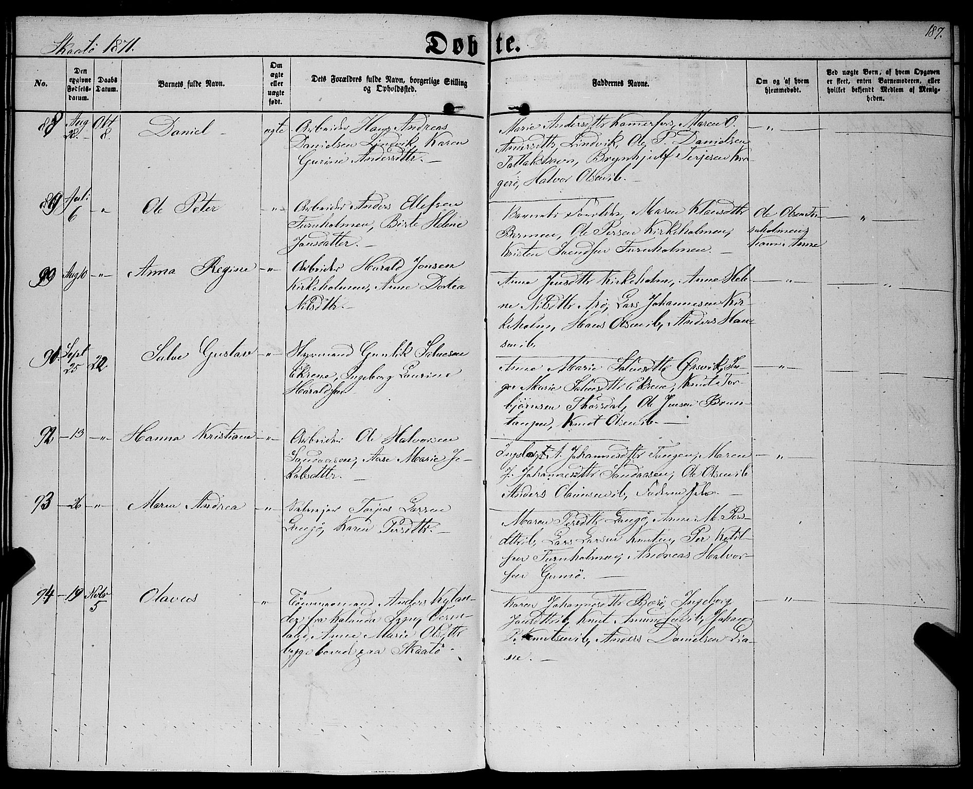 Sannidal kirkebøker, SAKO/A-296/F/Fa/L0011: Parish register (official) no. 11, 1863-1873, p. 187