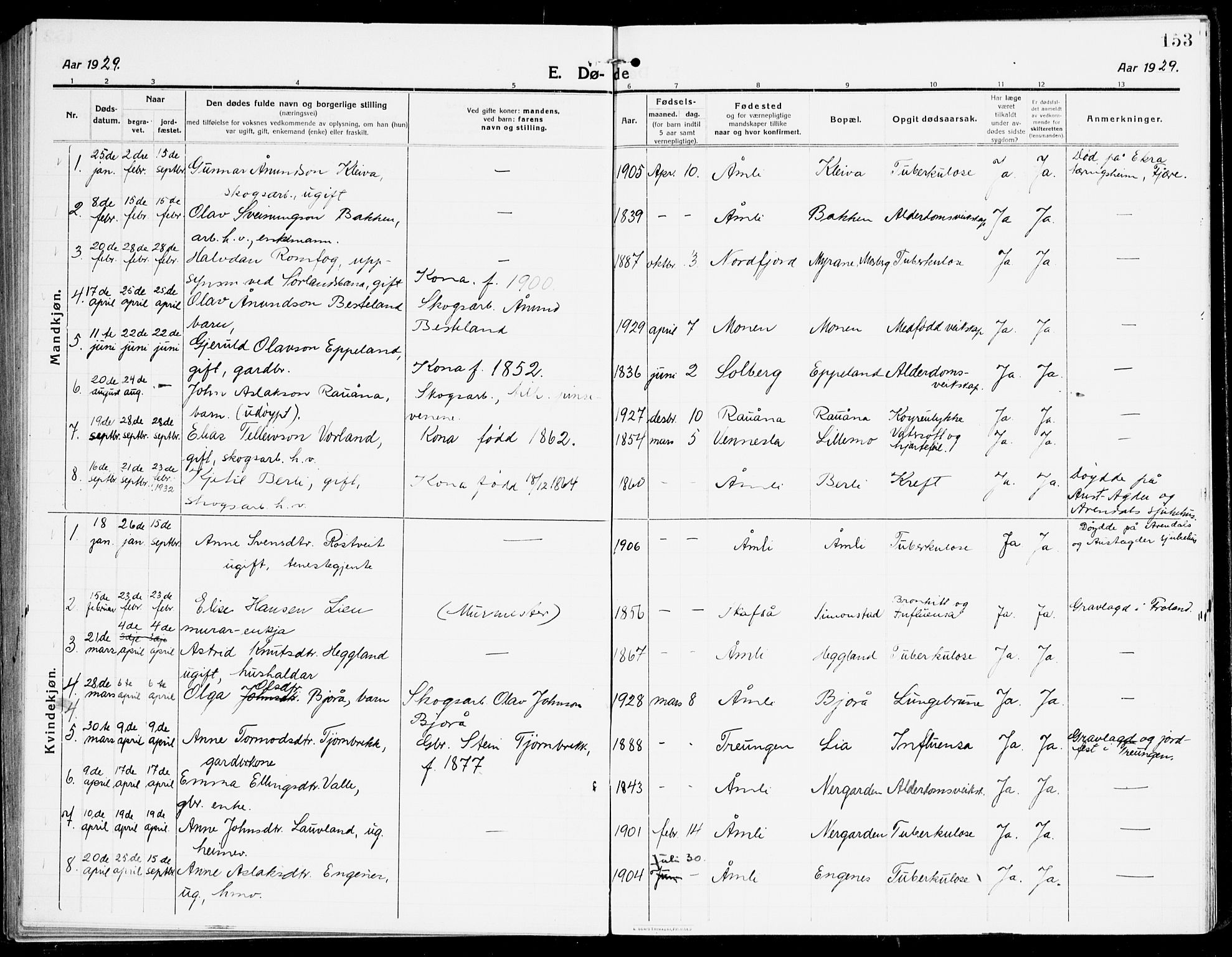 Åmli sokneprestkontor, AV/SAK-1111-0050/F/Fa/Fac/L0013: Parish register (official) no. A 13, 1914-1933, p. 153