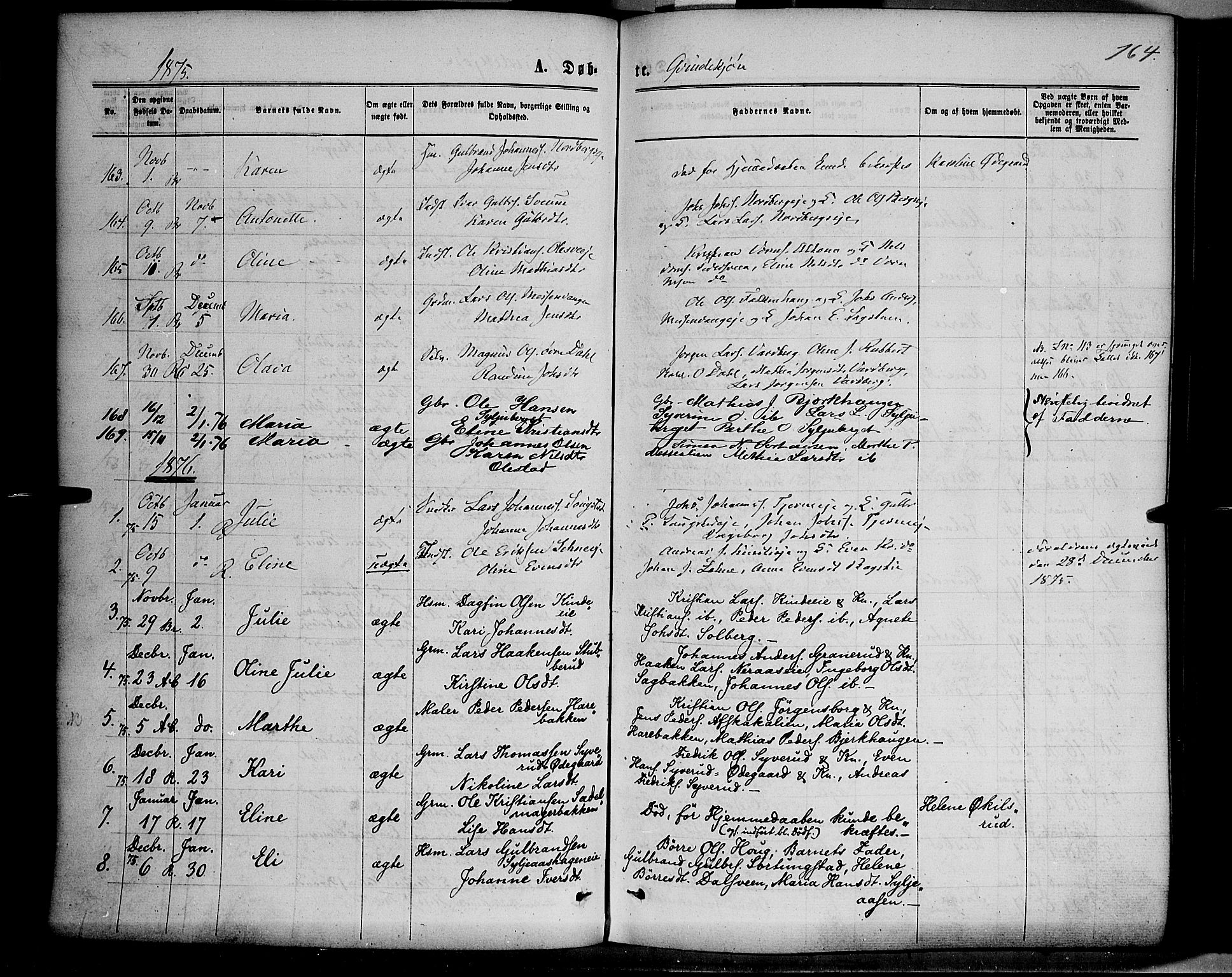 Ringsaker prestekontor, SAH/PREST-014/K/Ka/L0011: Parish register (official) no. 11, 1870-1878, p. 164
