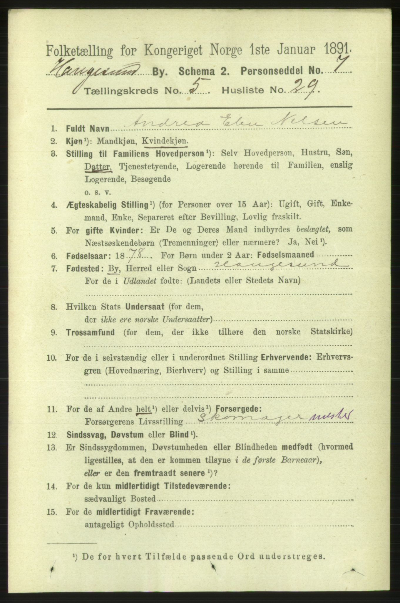 RA, 1891 census for 1106 Haugesund, 1891, p. 2525