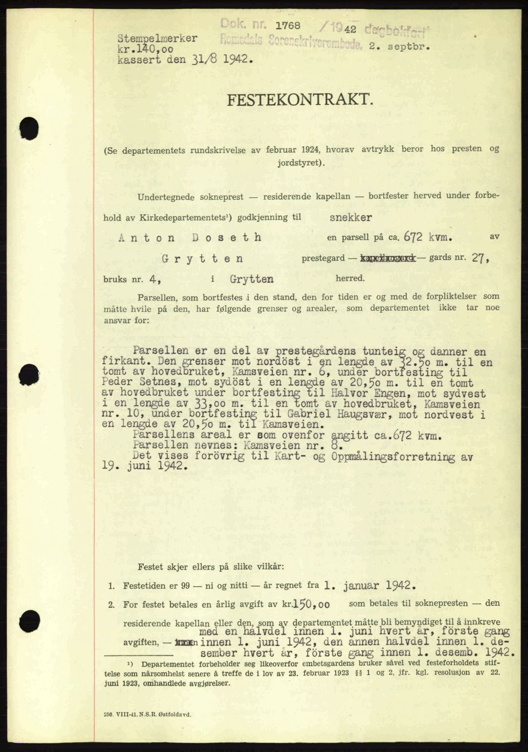 Romsdal sorenskriveri, AV/SAT-A-4149/1/2/2C: Mortgage book no. A12, 1942-1942, Diary no: : 1768/1942