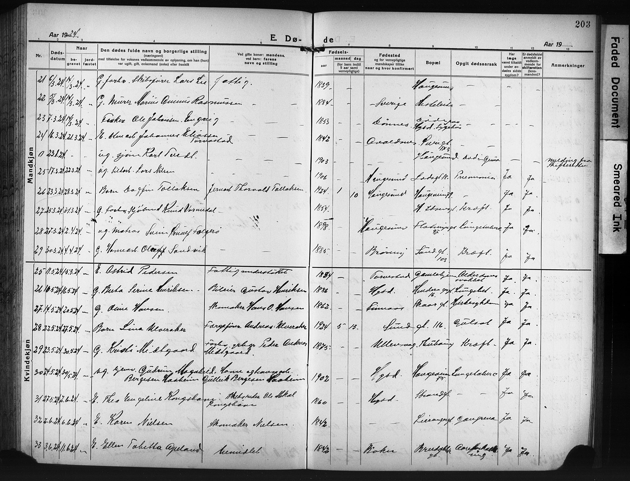 Haugesund sokneprestkontor, AV/SAST-A -101863/H/Ha/Hab/L0010: Parish register (copy) no. B 10, 1920-1931, p. 203