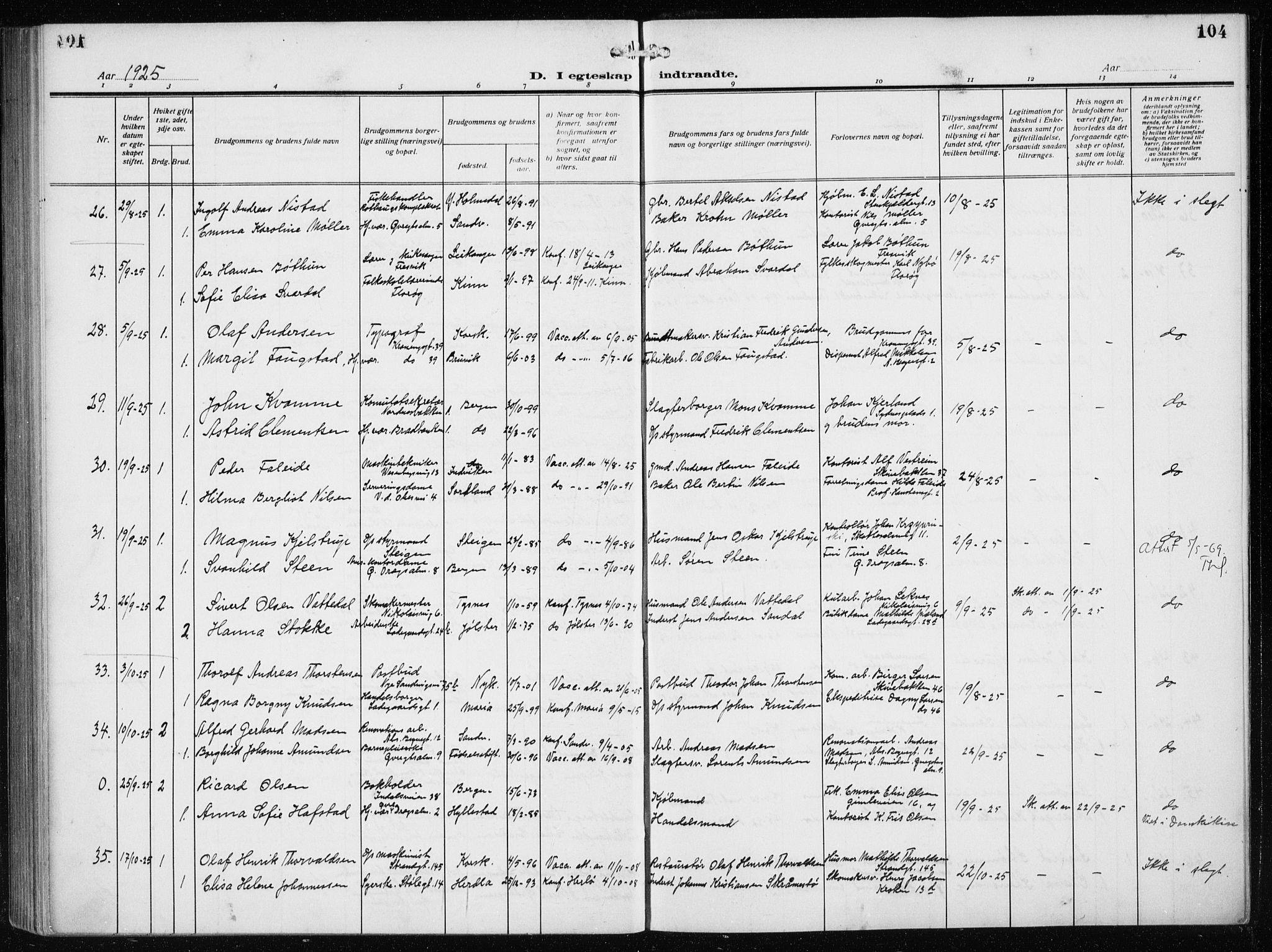 Mariakirken Sokneprestembete, AV/SAB-A-76901/H/Haa/L0015: Parish register (official) no. C 3, 1913-1927, p. 104
