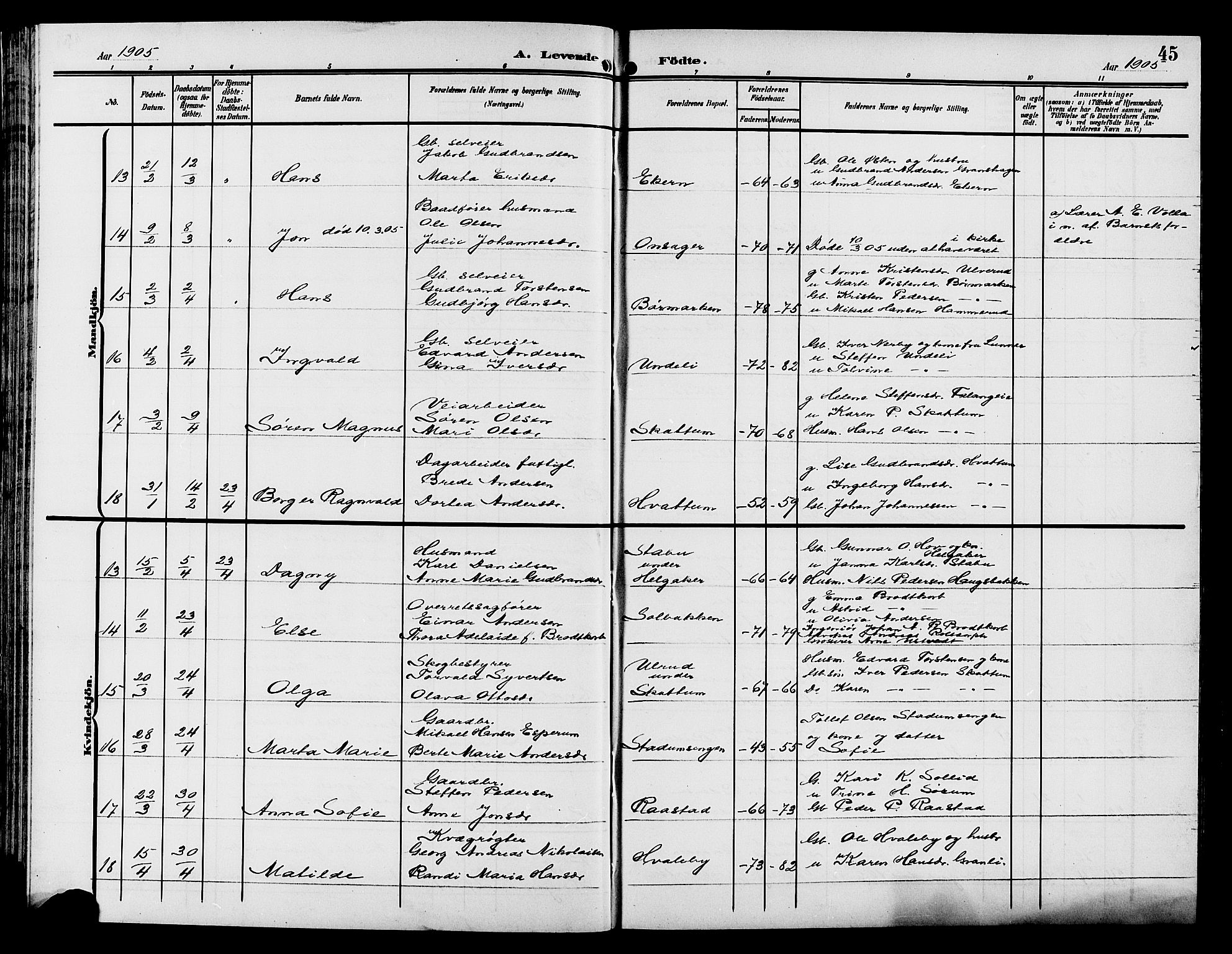 Gran prestekontor, AV/SAH-PREST-112/H/Ha/Hab/L0006: Parish register (copy) no. 6, 1901-1911, p. 45