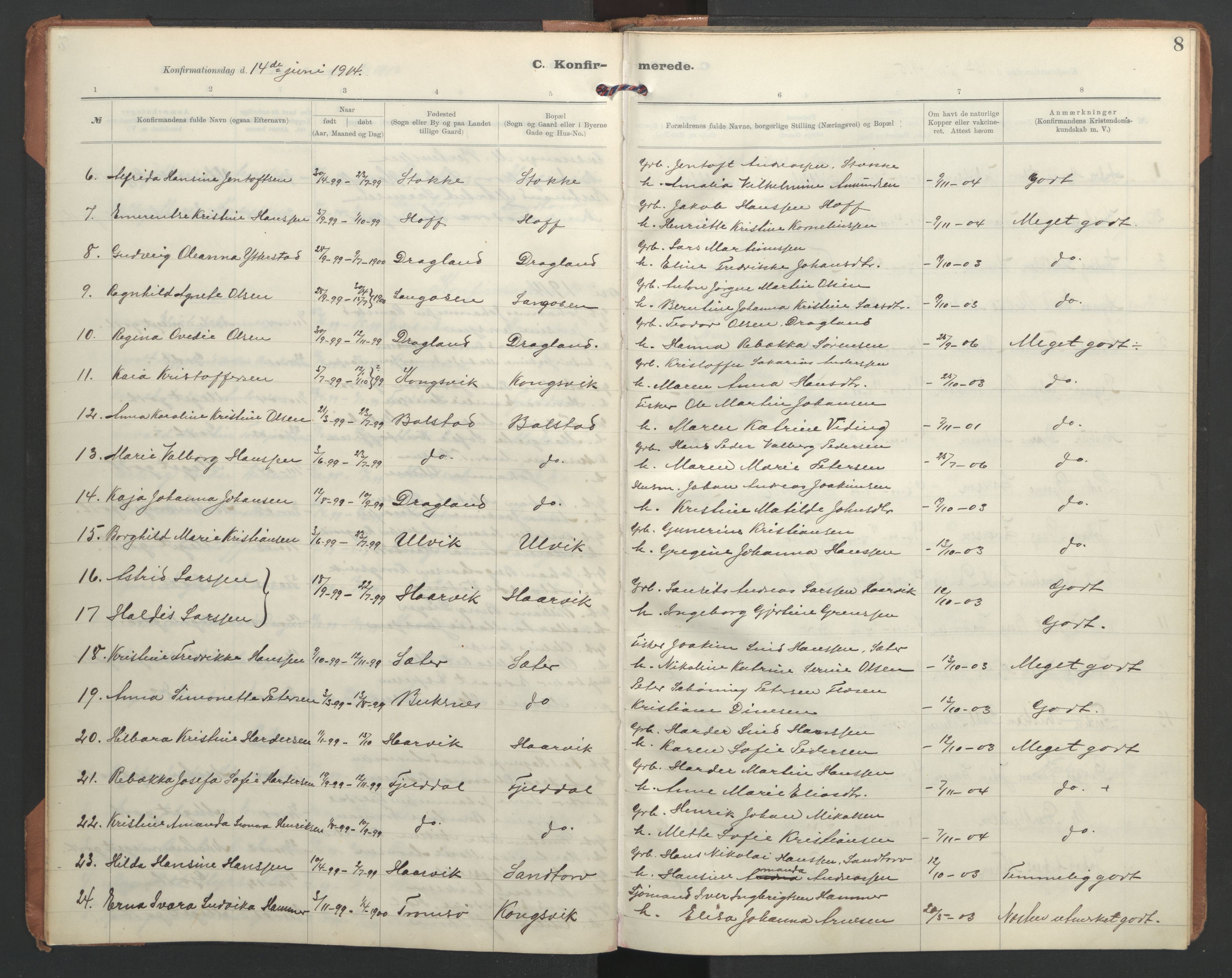 Ministerialprotokoller, klokkerbøker og fødselsregistre - Nordland, SAT/A-1459/865/L0934: Parish register (copy) no. 865C06, 1911-1942, p. 8