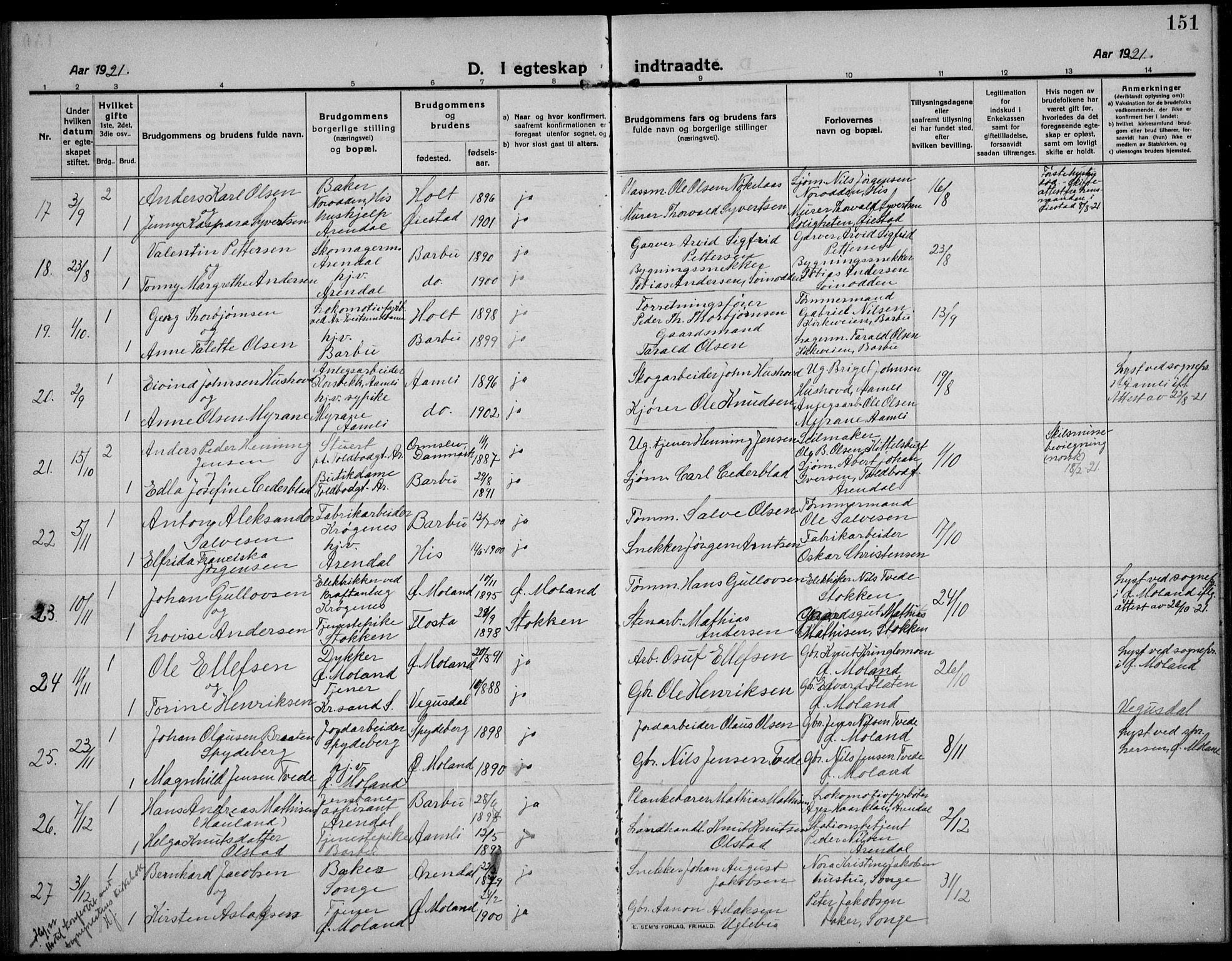 Barbu sokneprestkontor, AV/SAK-1111-0003/F/Fb/L0004: Parish register (copy) no. B 4, 1911-1936, p. 151