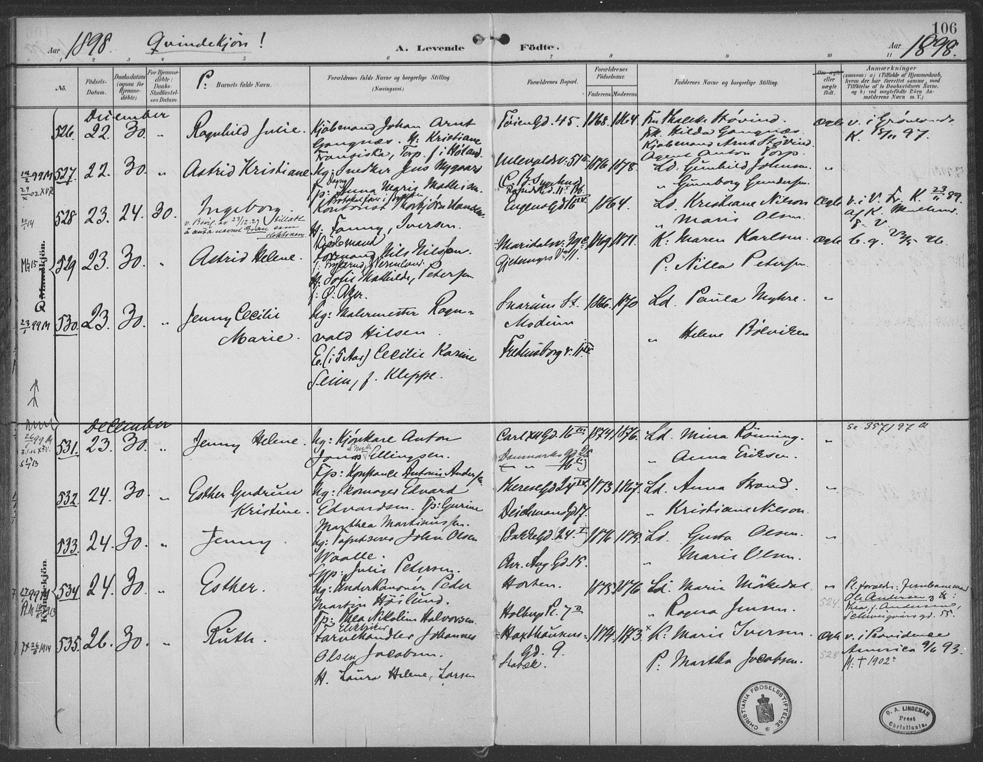 Rikshospitalet prestekontor Kirkebøker, SAO/A-10309b/F/L0011: Parish register (official) no. 11, 1898-1900, p. 106