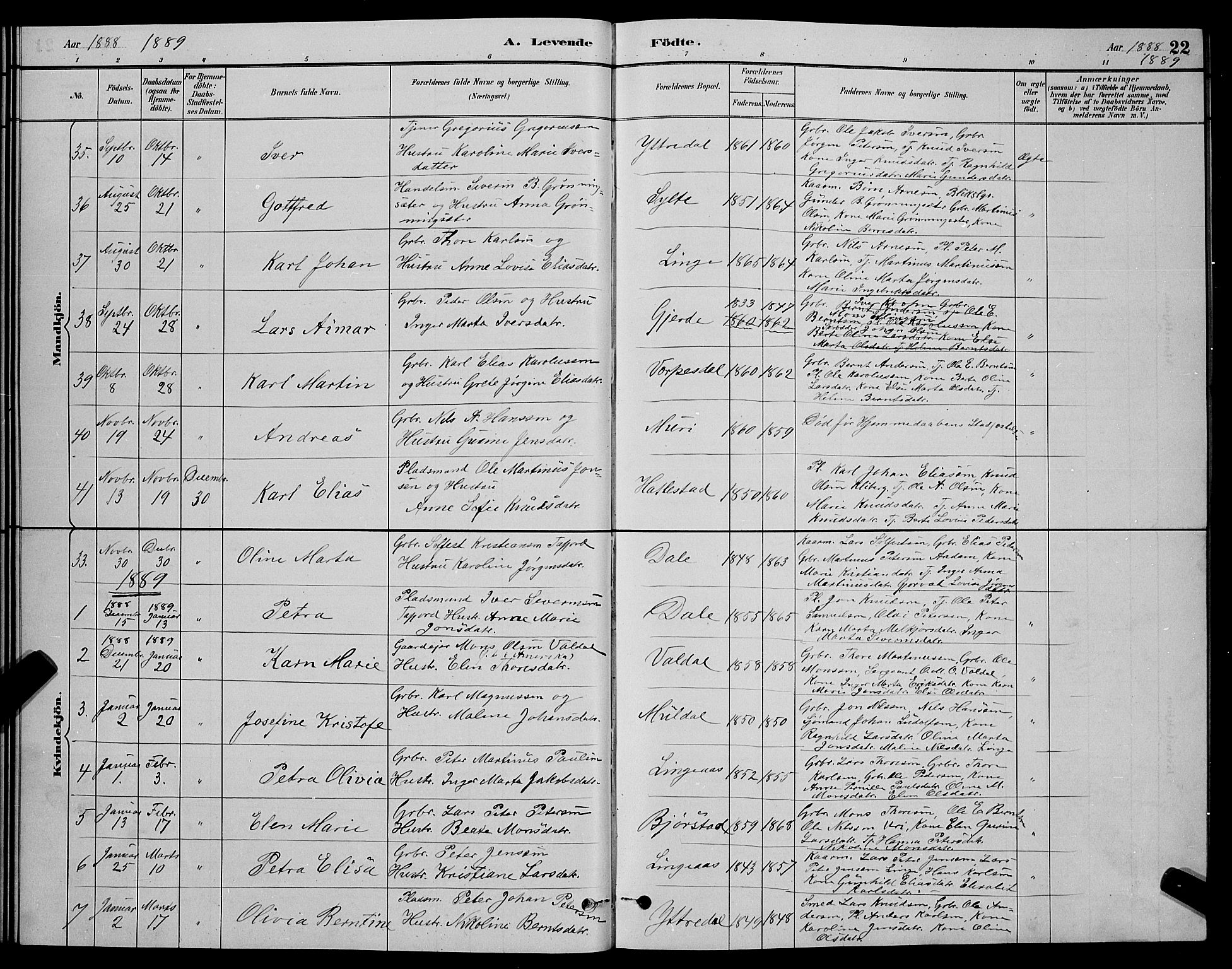 Ministerialprotokoller, klokkerbøker og fødselsregistre - Møre og Romsdal, SAT/A-1454/519/L0263: Parish register (copy) no. 519C04, 1885-1892, p. 22