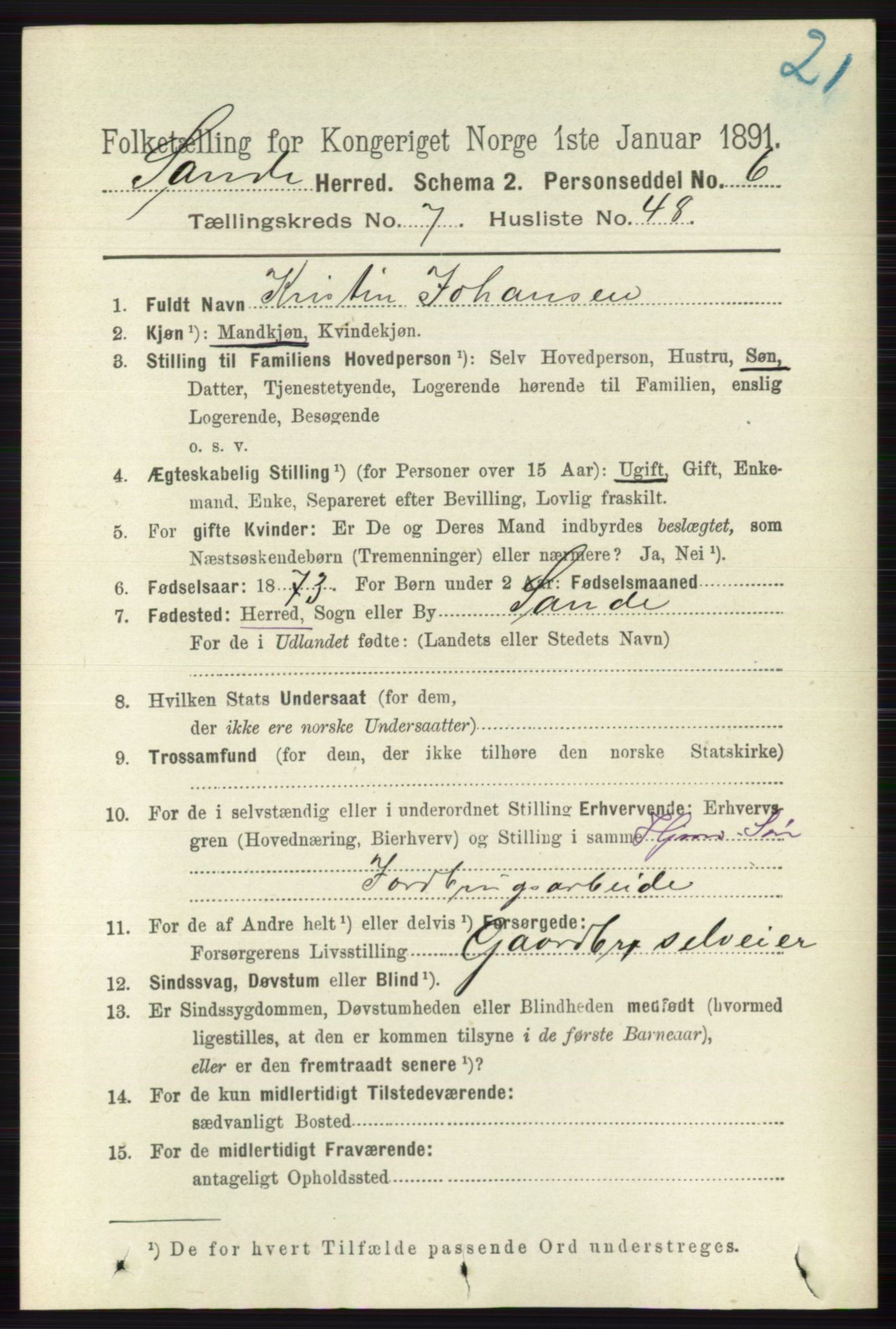 RA, 1891 census for 0713 Sande, 1891, p. 3409