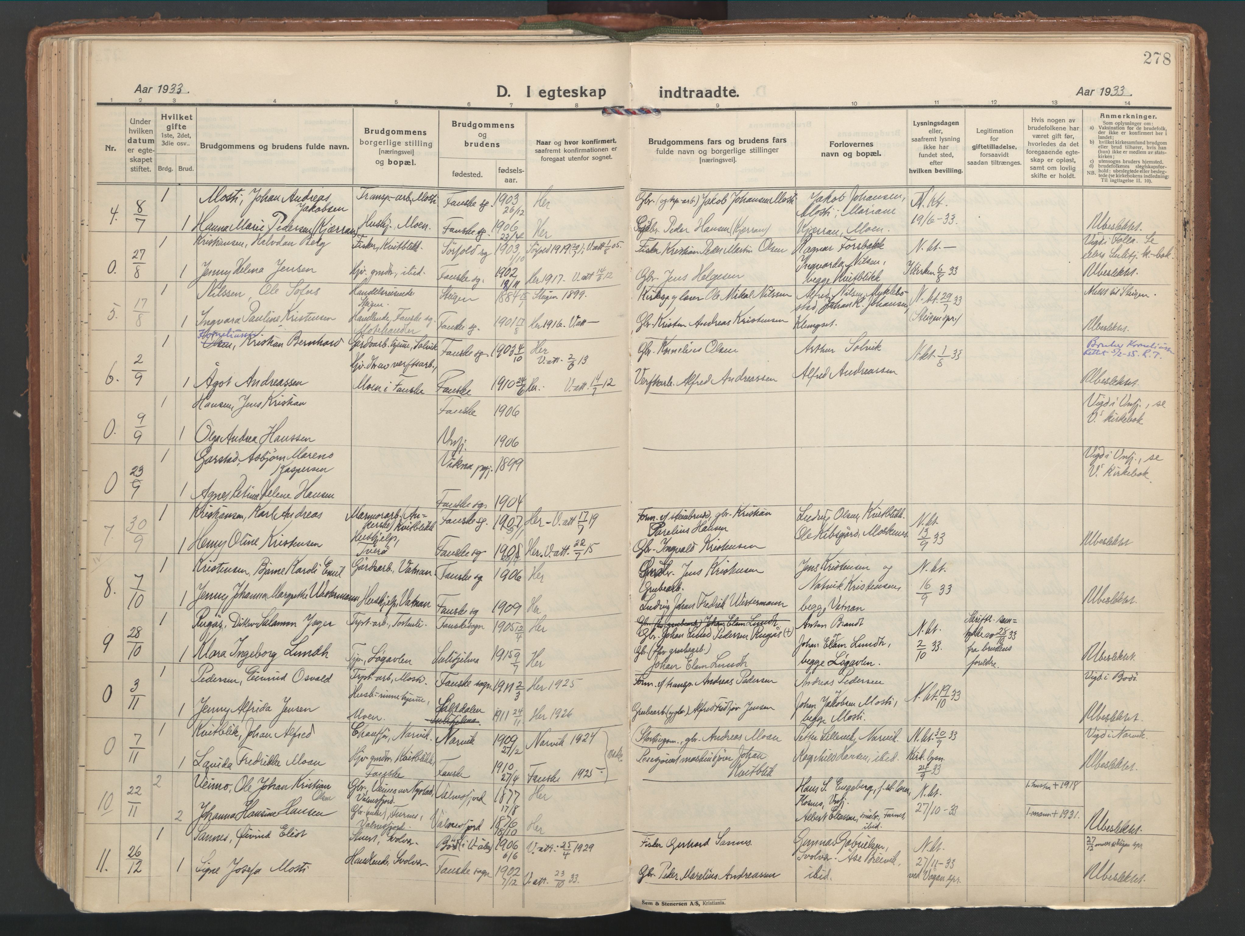 Ministerialprotokoller, klokkerbøker og fødselsregistre - Nordland, SAT/A-1459/849/L0699: Parish register (official) no. 849A10, 1924-1937, p. 278