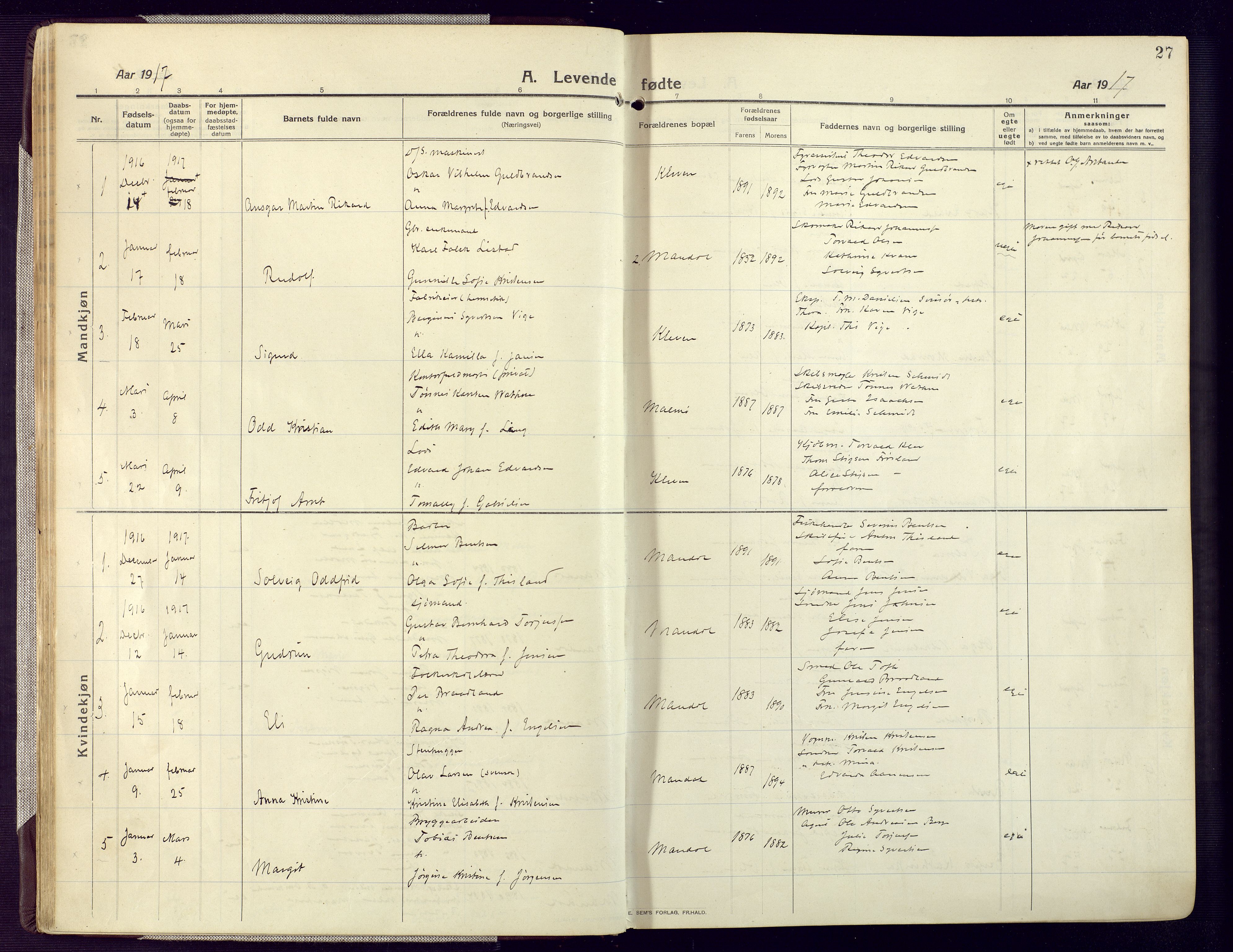 Mandal sokneprestkontor, SAK/1111-0030/F/Fa/Fac/L0001: Parish register (official) no. A 1, 1913-1925, p. 27