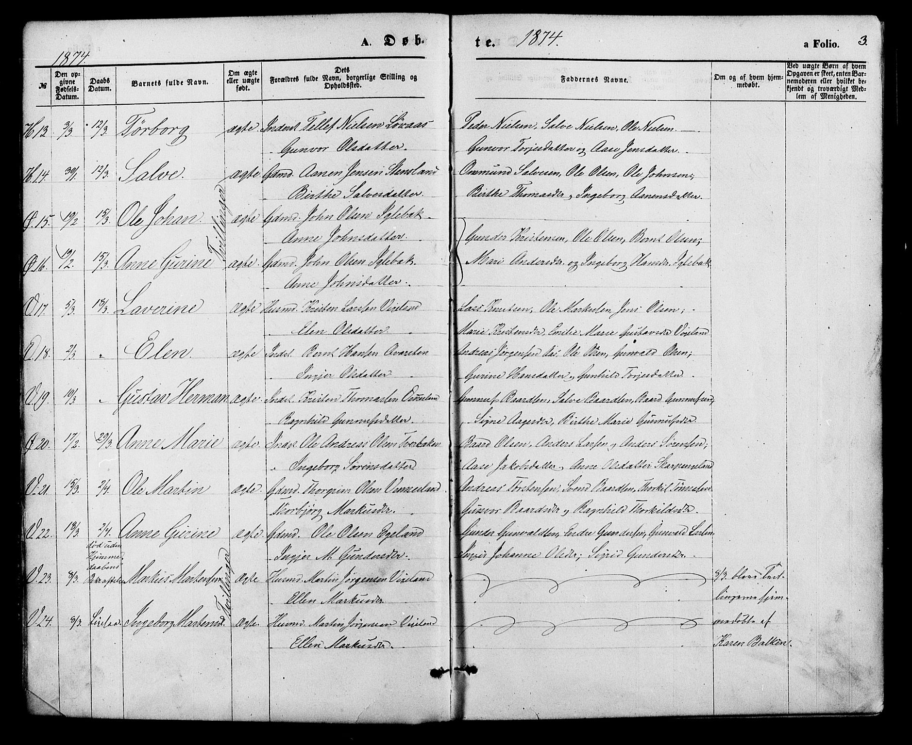 Vennesla sokneprestkontor, SAK/1111-0045/Fa/Fac/L0008: Parish register (official) no. A 8, 1874-1883, p. 3