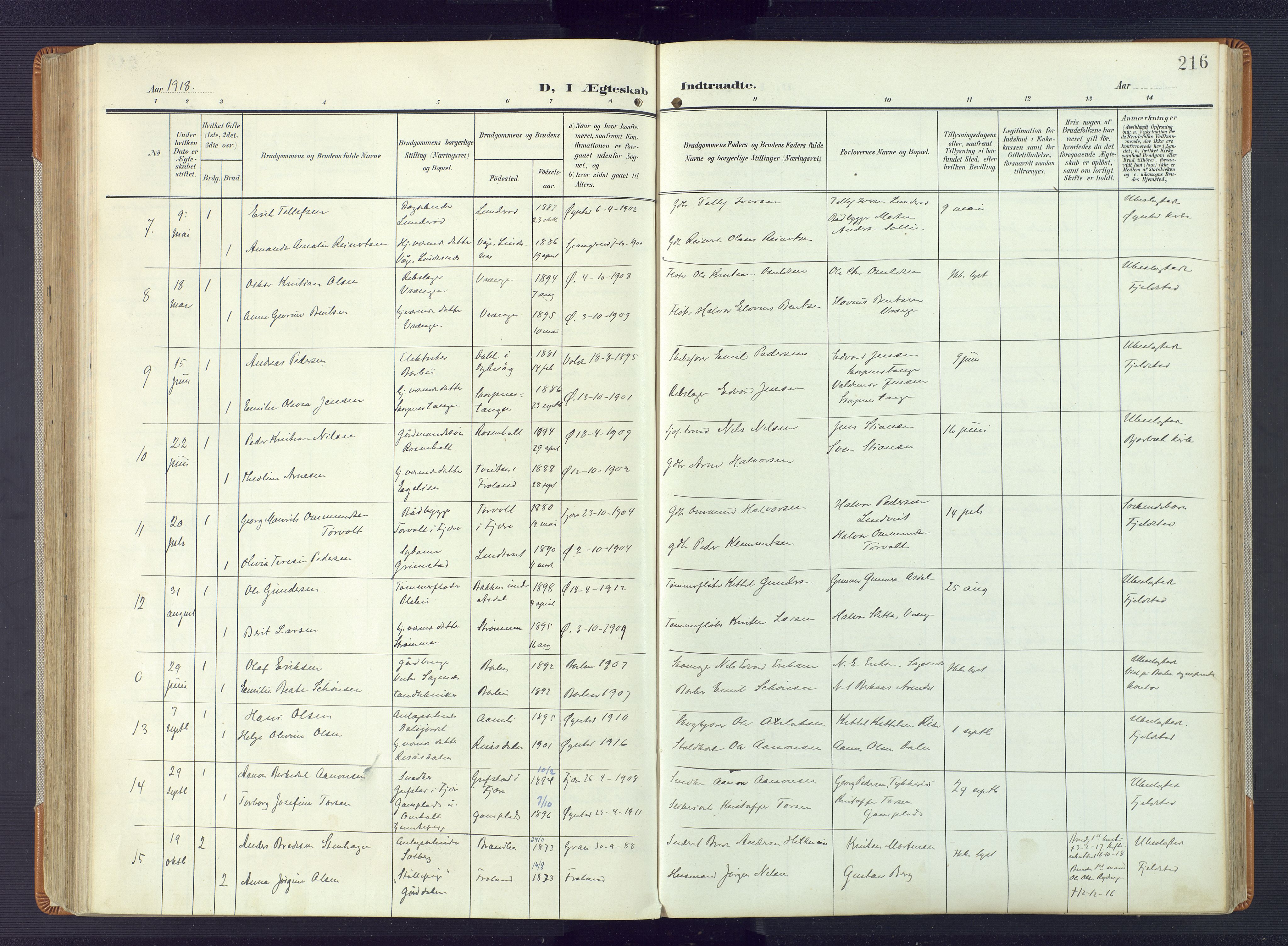 Øyestad sokneprestkontor, AV/SAK-1111-0049/F/Fa/L0019: Parish register (official) no. A 19, 1908-1922, p. 216