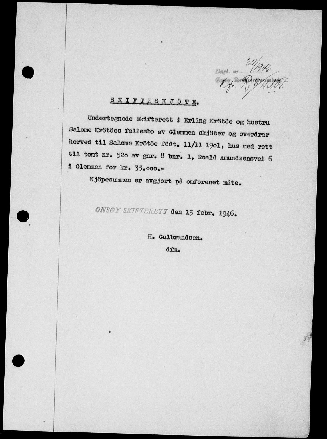 Onsøy sorenskriveri, SAO/A-10474/G/Ga/Gab/L0015: Mortgage book no. II A-15, 1945-1946, Diary no: : 311/1946