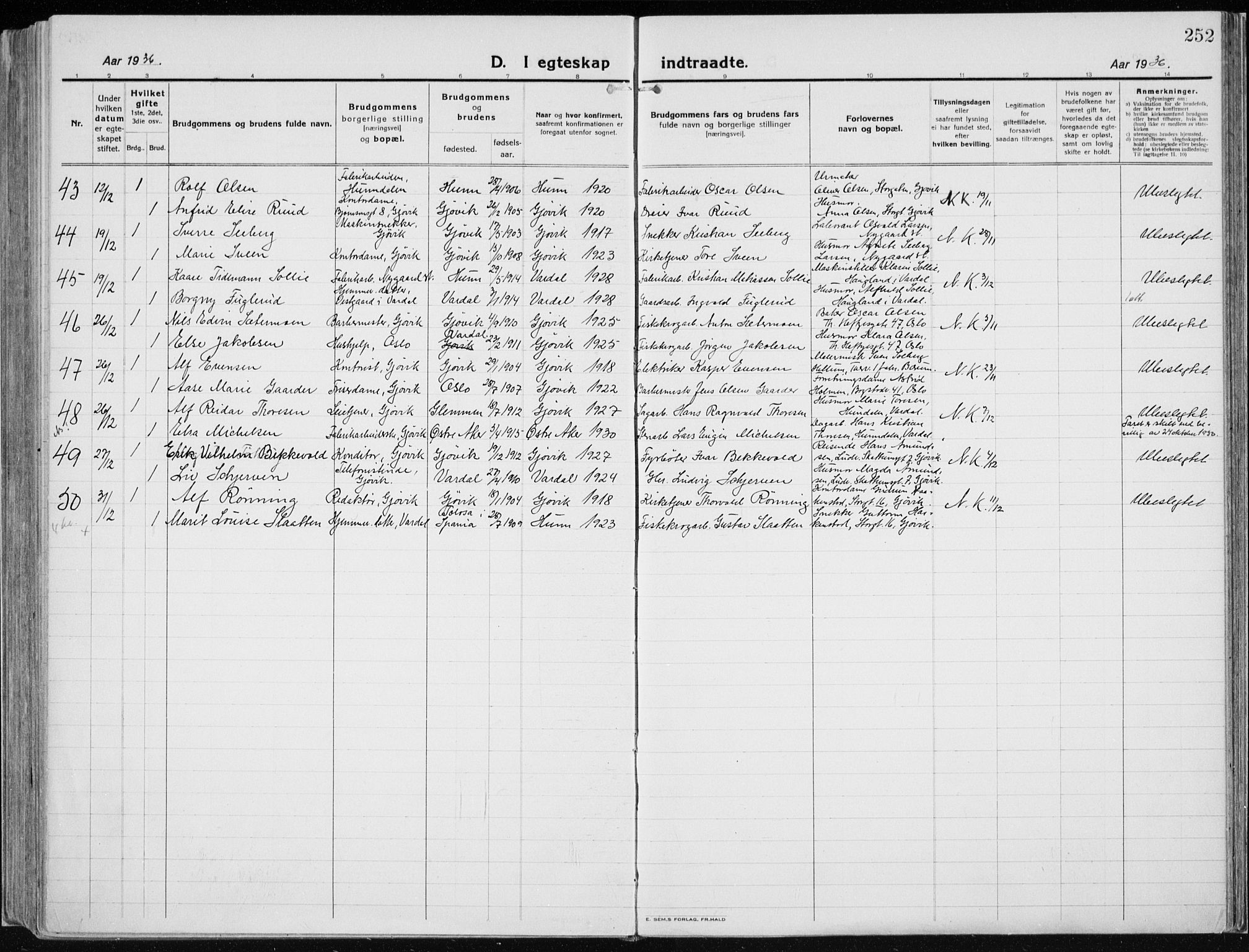 Vardal prestekontor, AV/SAH-PREST-100/H/Ha/Haa/L0015: Parish register (official) no. 15, 1923-1937, p. 252