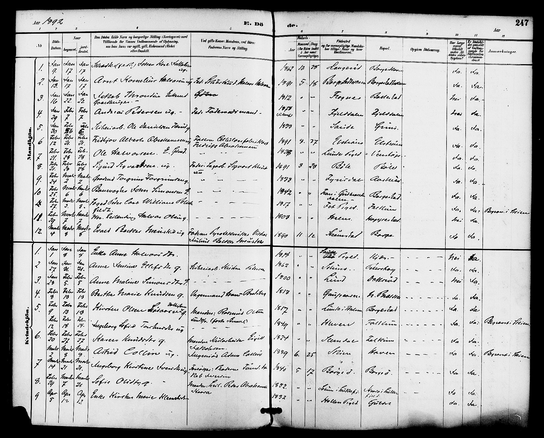 Gjerpen kirkebøker, SAKO/A-265/F/Fa/L0010: Parish register (official) no. I 10, 1886-1895, p. 247