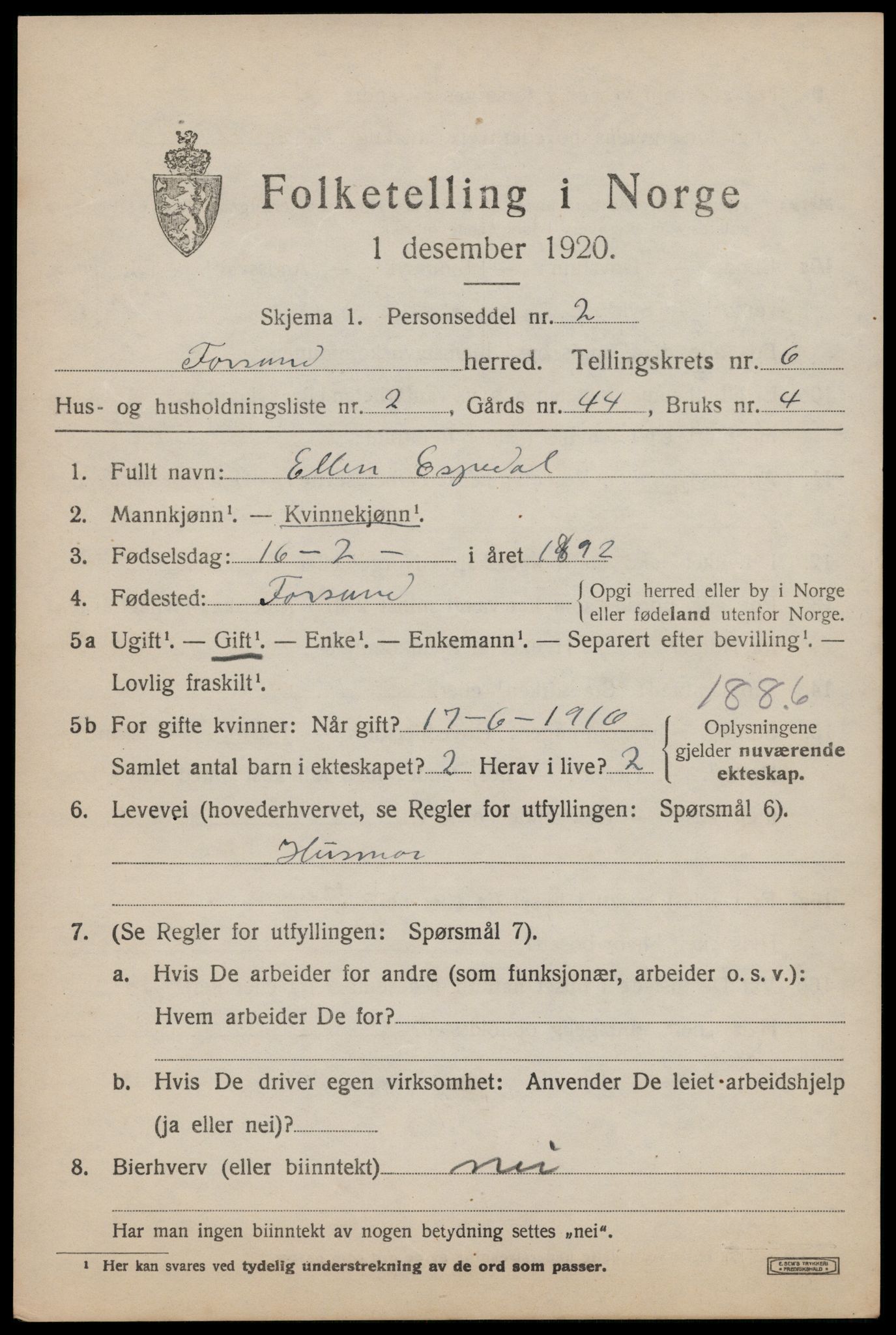 SAST, 1920 census for Forsand, 1920, p. 2779