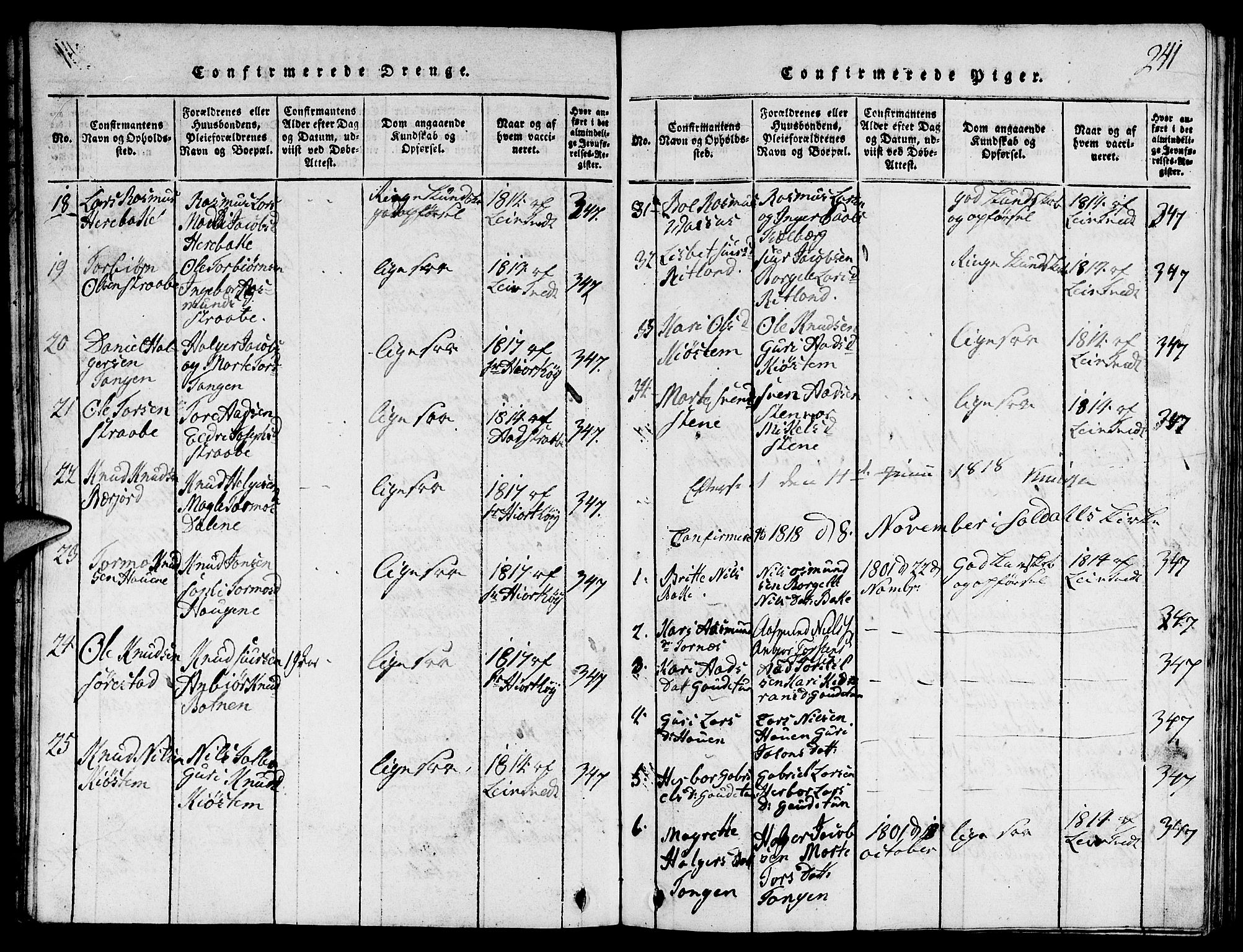 Suldal sokneprestkontor, AV/SAST-A-101845/01/V/L0001: Parish register (copy) no. B 1, 1816-1836, p. 241