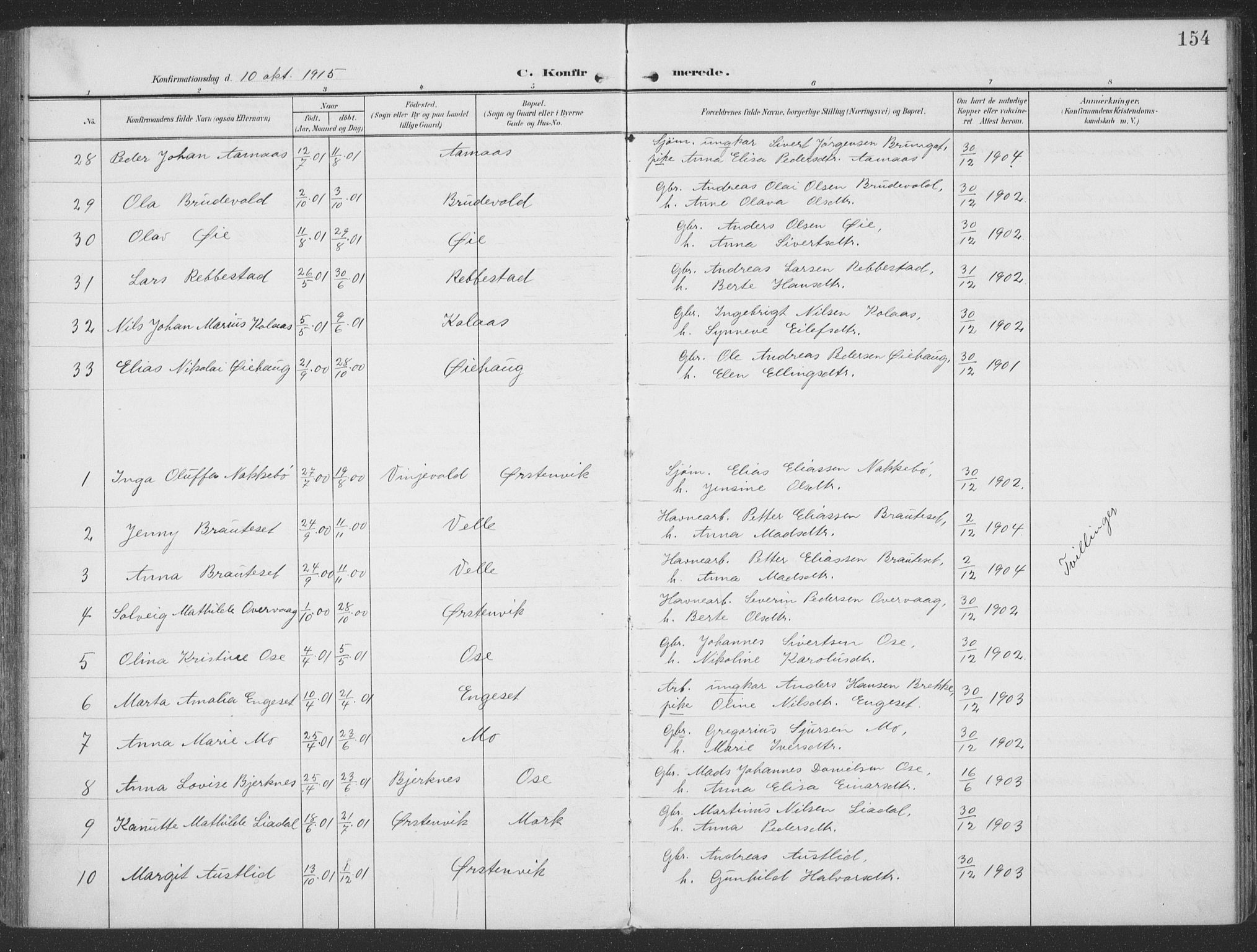 Ministerialprotokoller, klokkerbøker og fødselsregistre - Møre og Romsdal, AV/SAT-A-1454/513/L0178: Parish register (official) no. 513A05, 1906-1919, p. 154