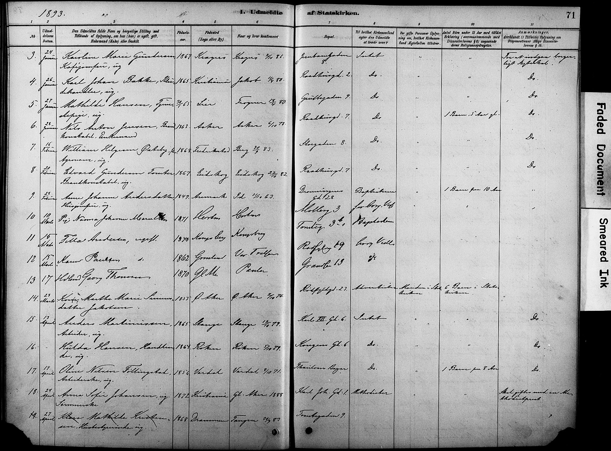 Oslo domkirke Kirkebøker, SAO/A-10752/F/Fa/L0038: Parish register (official) no. 38, 1878-1921, p. 71