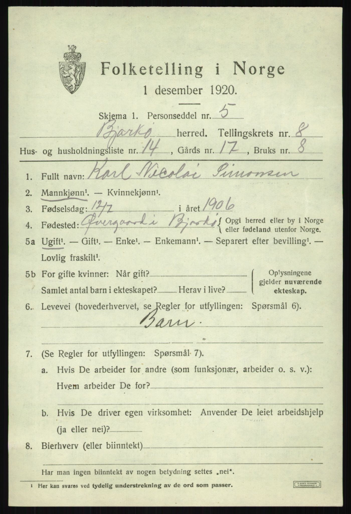 SATØ, 1920 census for Bjarkøy, 1920, p. 3563