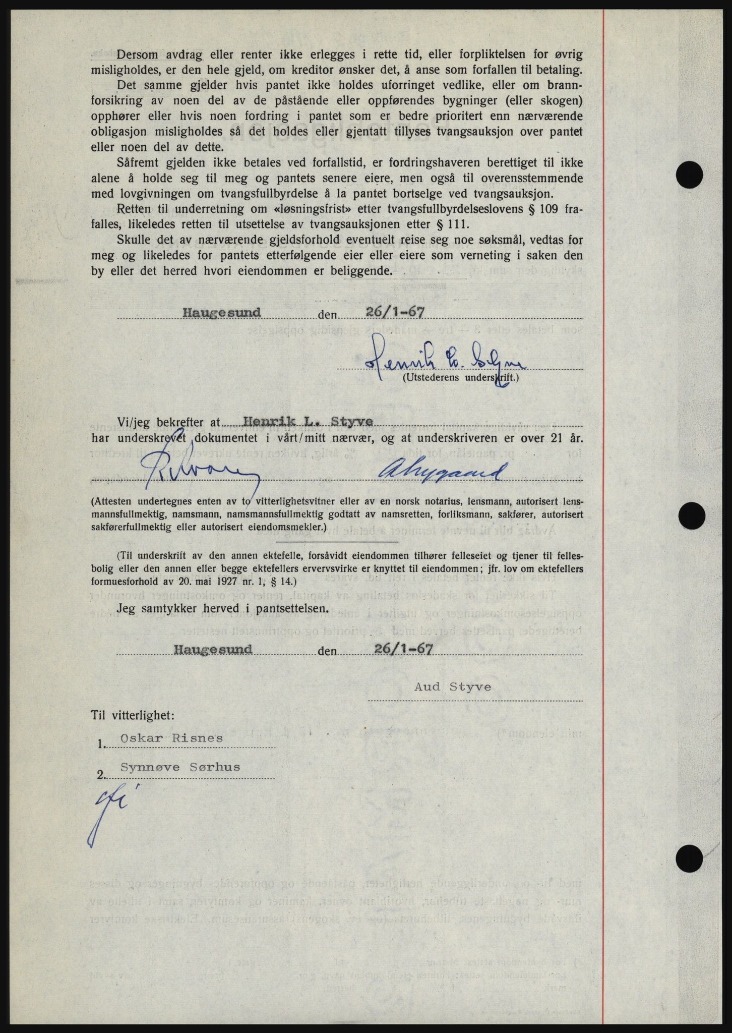 Haugesund tingrett, SAST/A-101415/01/II/IIC/L0056: Mortgage book no. B 56, 1966-1967, Diary no: : 280/1967