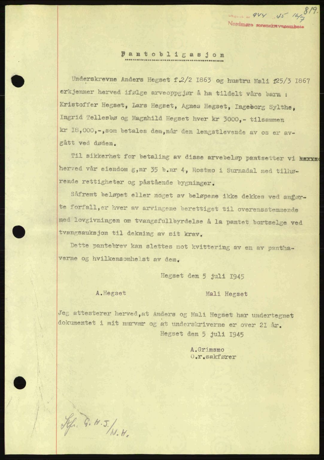 Nordmøre sorenskriveri, AV/SAT-A-4132/1/2/2Ca: Mortgage book no. B92, 1944-1945, Diary no: : 944/1945