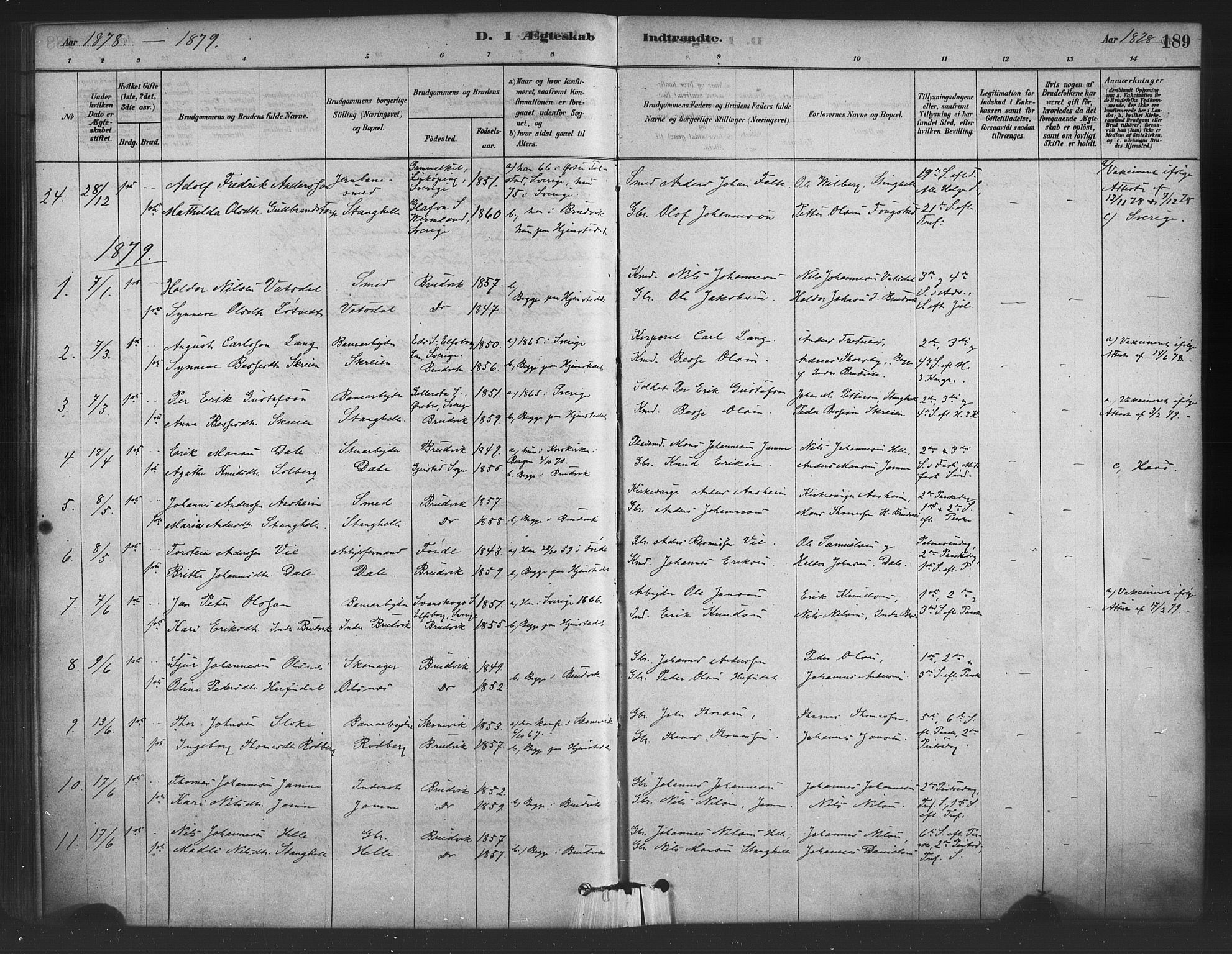 Bruvik Sokneprestembete, SAB/A-74701/H/Haa: Parish register (official) no. B 1, 1878-1904, p. 189