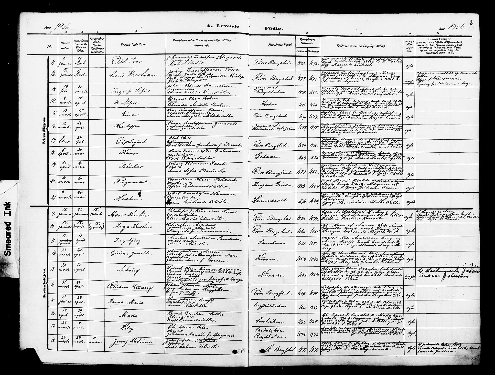 Ministerialprotokoller, klokkerbøker og fødselsregistre - Sør-Trøndelag, SAT/A-1456/681/L0942: Parish register (copy) no. 681C06, 1906-1925, p. 3