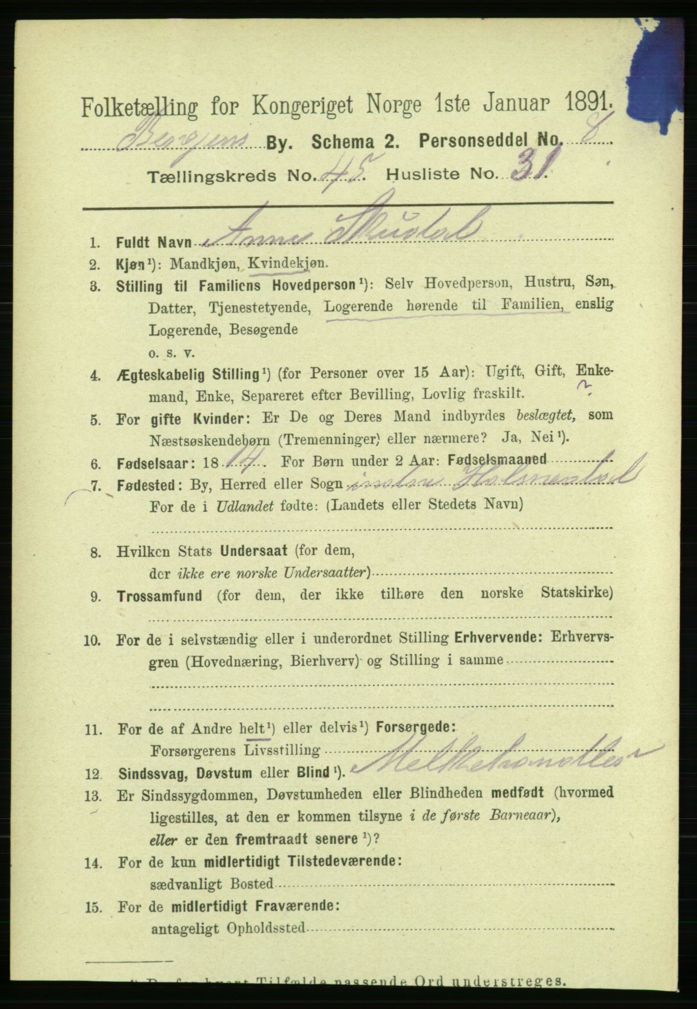 RA, 1891 Census for 1301 Bergen, 1891, p. 54229