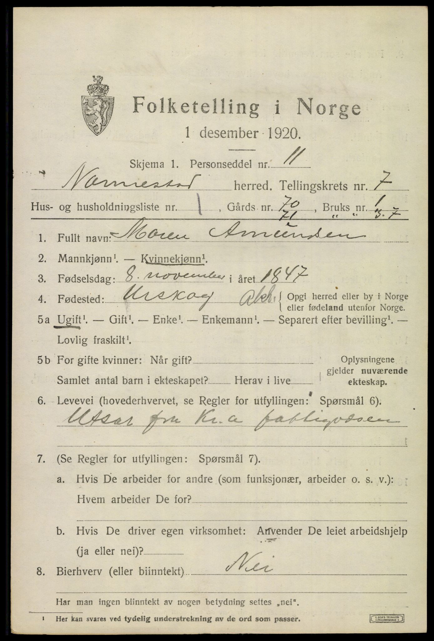 SAO, 1920 census for Nannestad, 1920, p. 8604