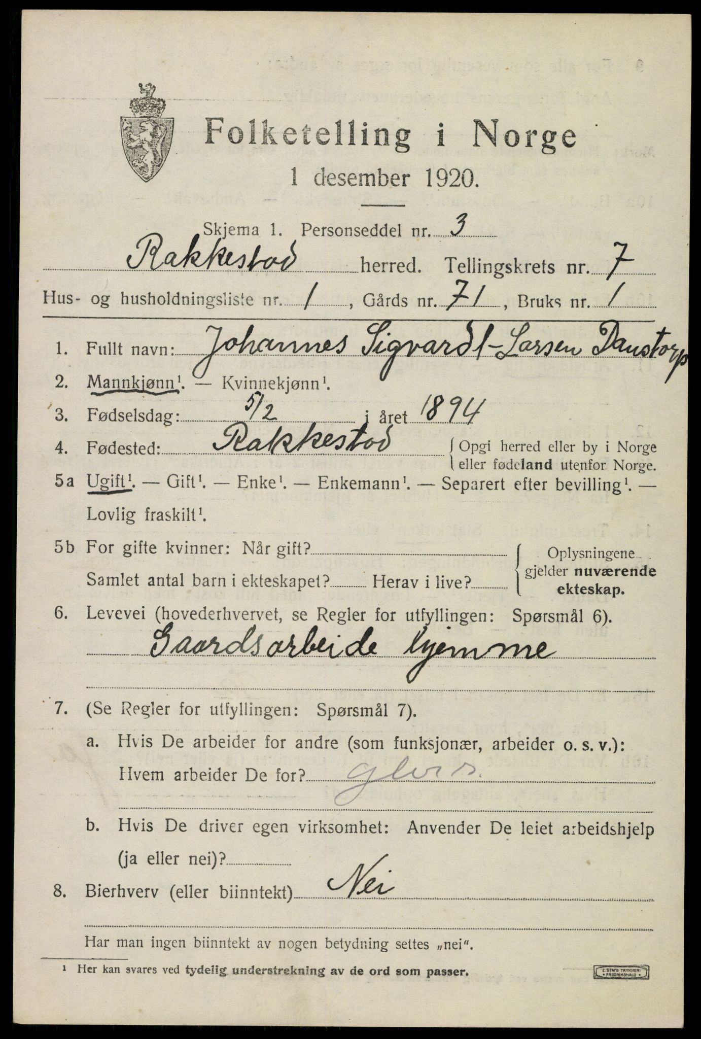 SAO, 1920 census for Rakkestad, 1920, p. 6823