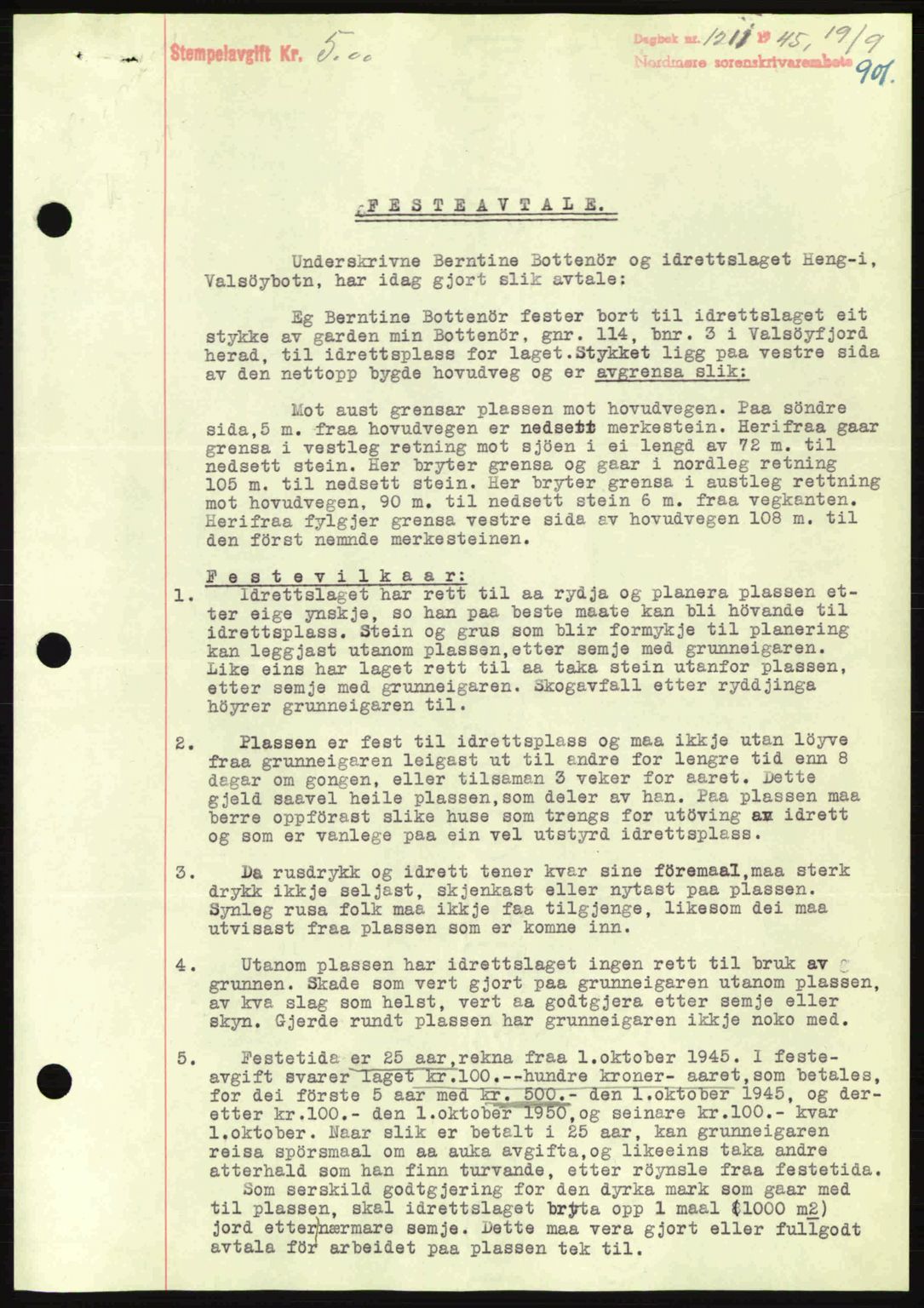 Nordmøre sorenskriveri, AV/SAT-A-4132/1/2/2Ca: Mortgage book no. B92, 1944-1945, Diary no: : 1211/1945