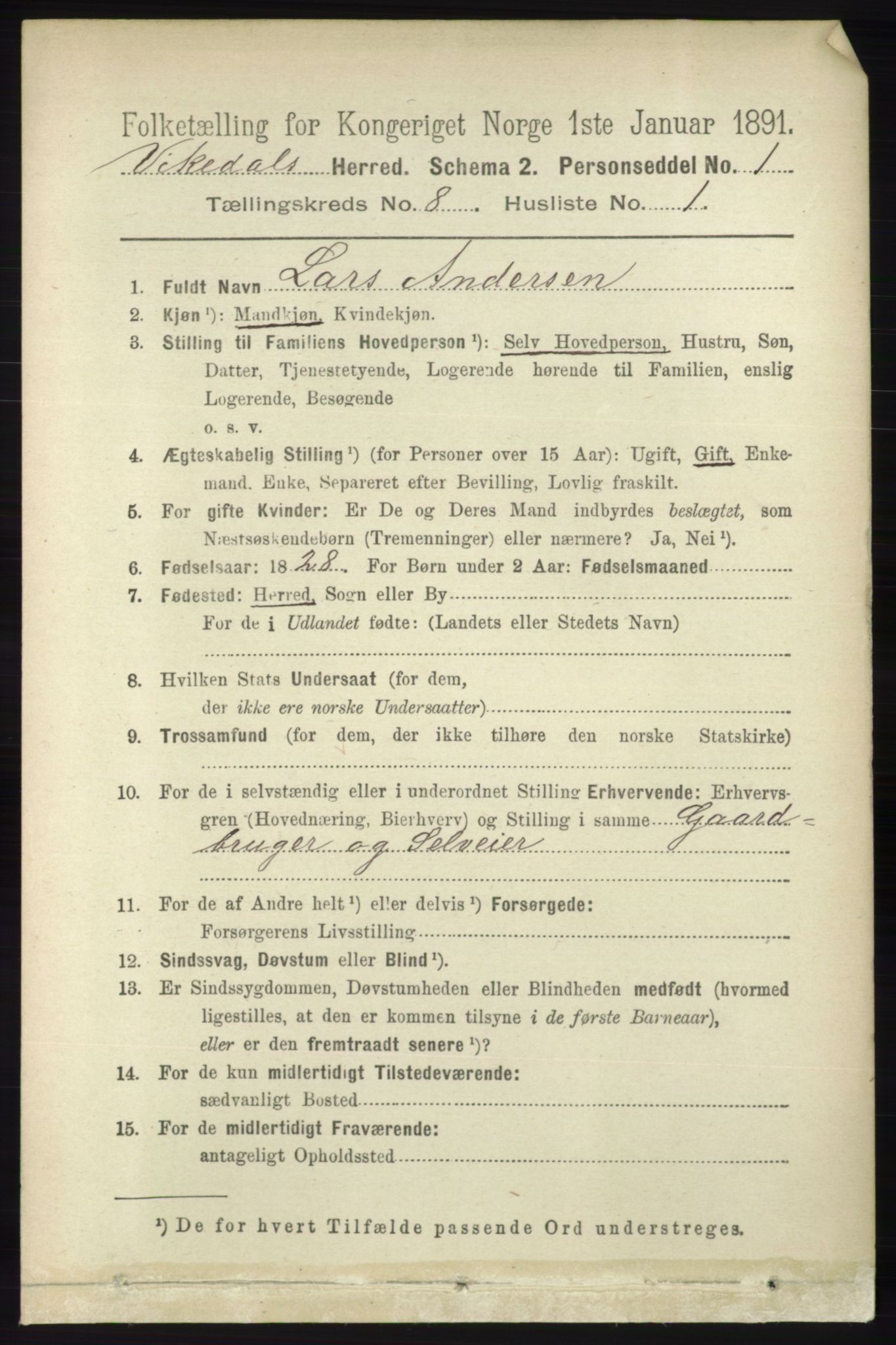 RA, 1891 census for 1157 Vikedal, 1891, p. 2223