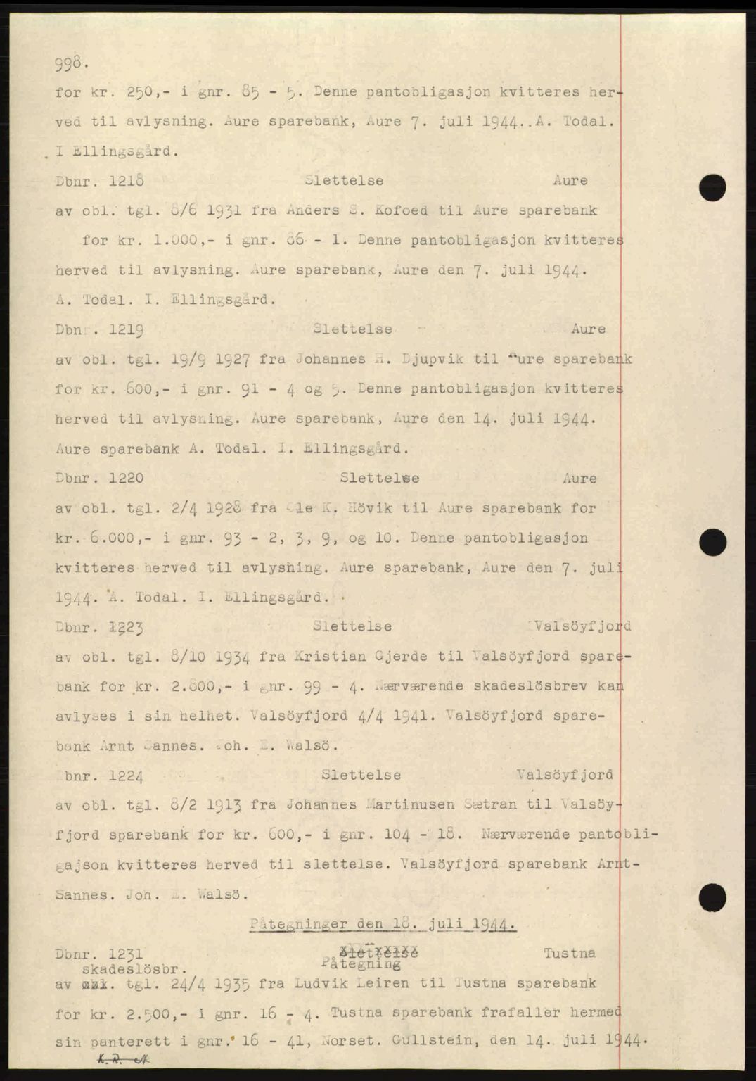 Nordmøre sorenskriveri, AV/SAT-A-4132/1/2/2Ca: Mortgage book no. C81, 1940-1945, Diary no: : 1218/1944