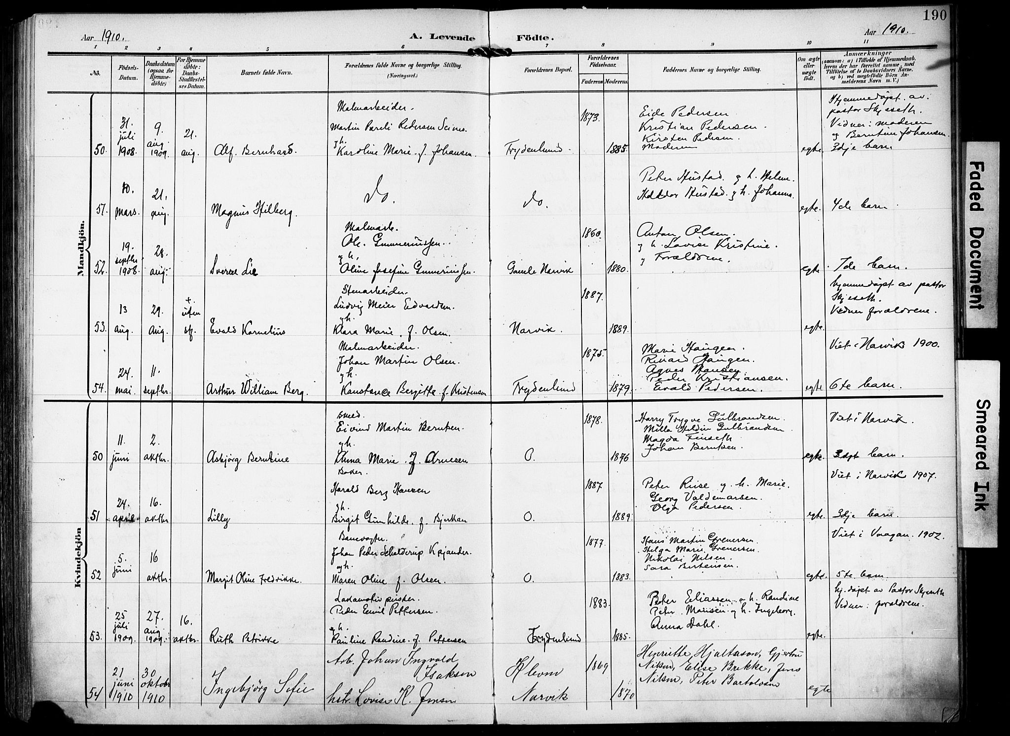 Ministerialprotokoller, klokkerbøker og fødselsregistre - Nordland, AV/SAT-A-1459/871/L0994: Parish register (official) no. 871A10, 1902-1910, p. 190