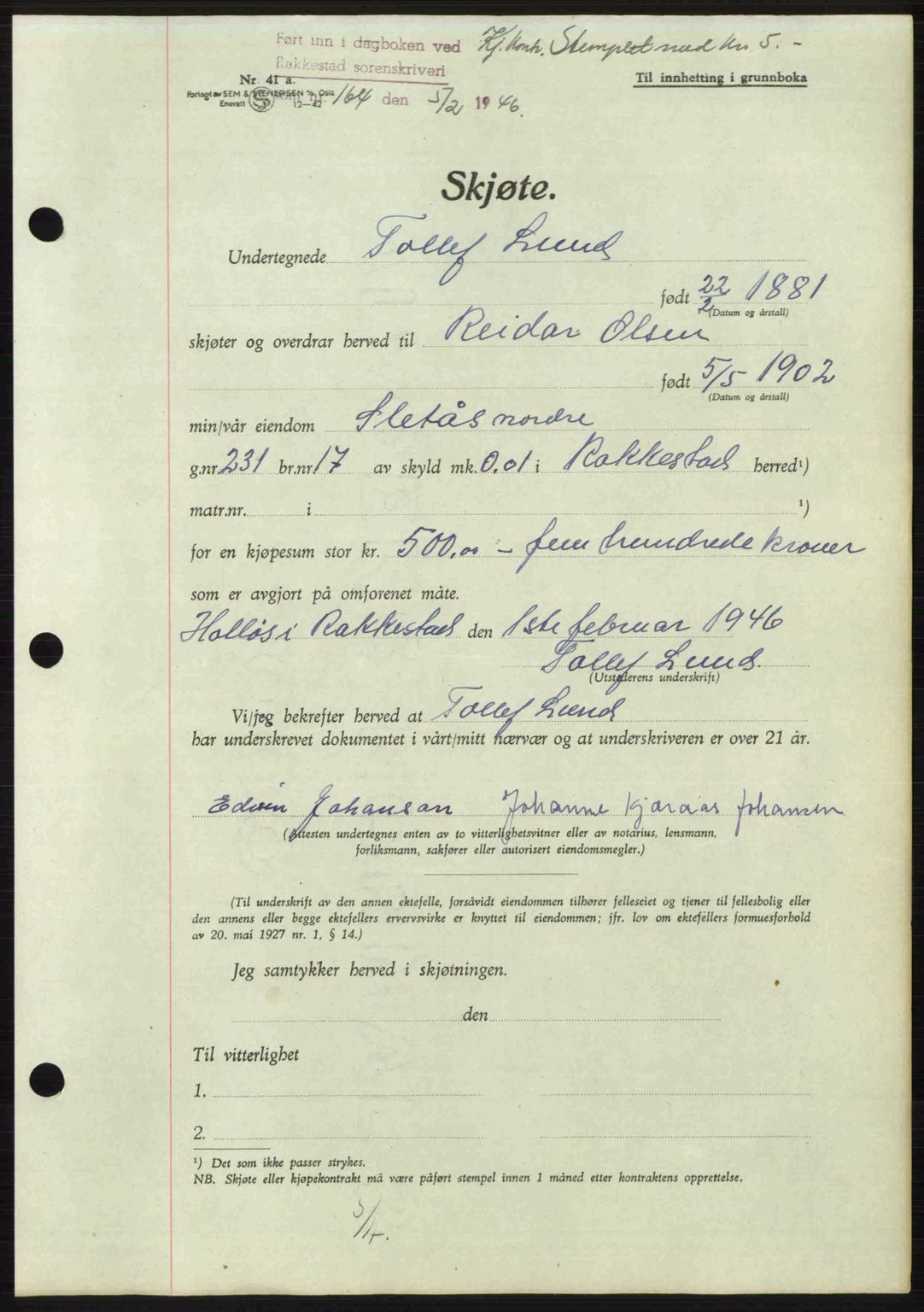 Rakkestad sorenskriveri, AV/SAO-A-10686/G/Gb/Gba/Gbab/L0012a: Mortgage book no. A12 I, 1945-1946, Diary no: : 164/1946