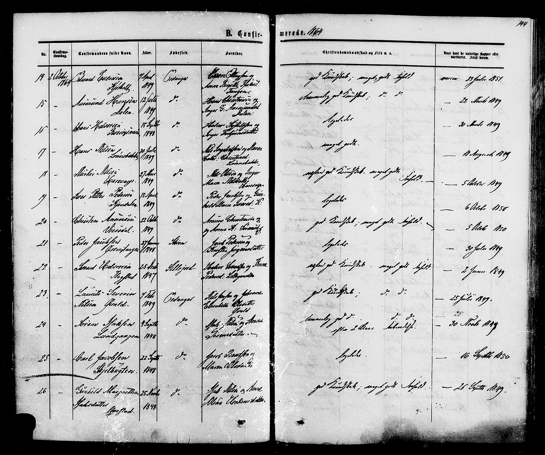 Eidanger kirkebøker, SAKO/A-261/F/Fa/L0010: Parish register (official) no. 10, 1859-1874, p. 144