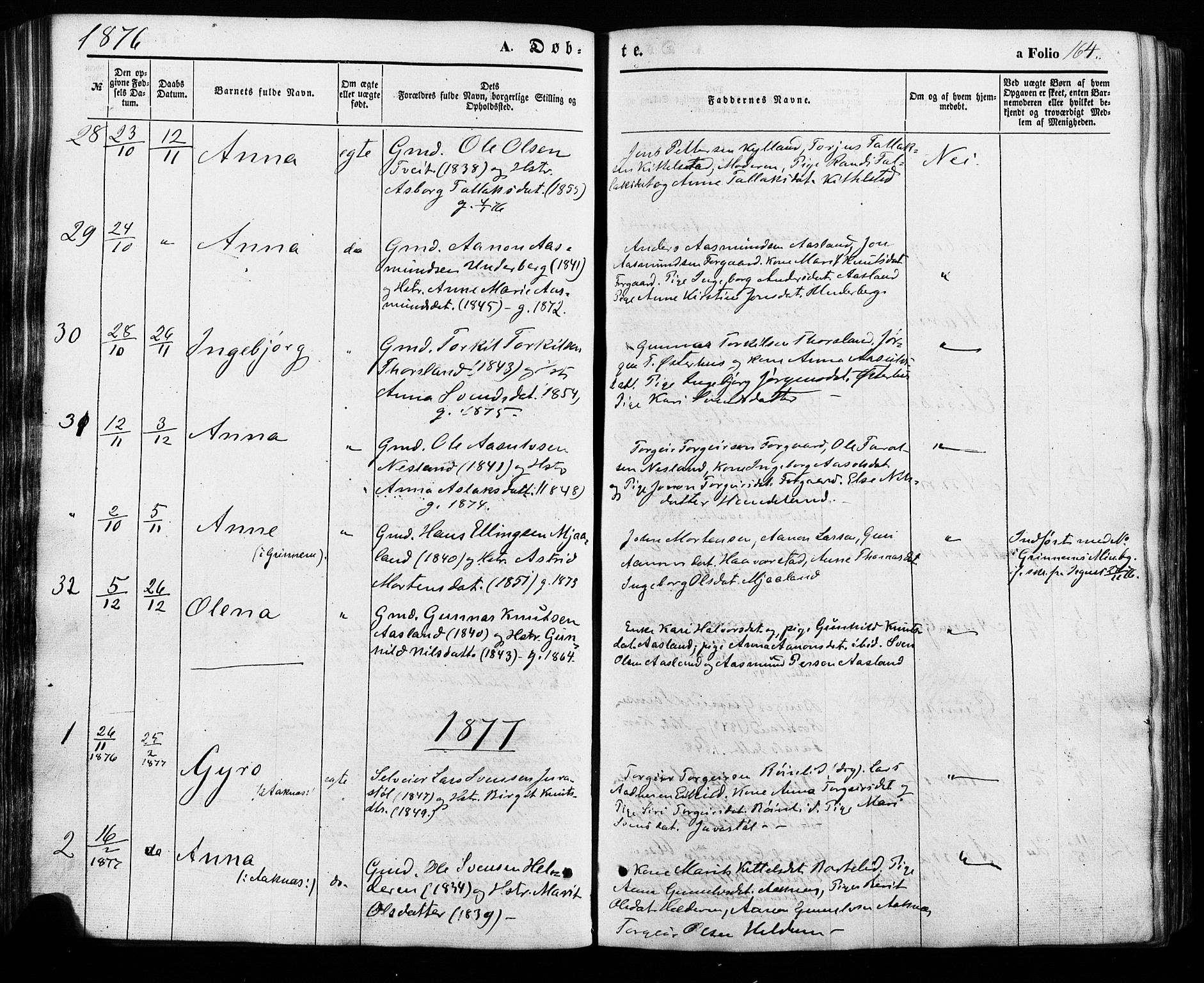 Åseral sokneprestkontor, SAK/1111-0051/F/Fa/L0002: Parish register (official) no. A 2, 1854-1884, p. 164