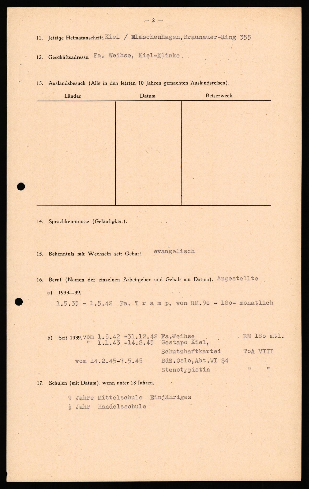 Forsvaret, Forsvarets overkommando II, AV/RA-RAFA-3915/D/Db/L0034: CI Questionaires. Tyske okkupasjonsstyrker i Norge. Tyskere., 1945-1946, p. 19