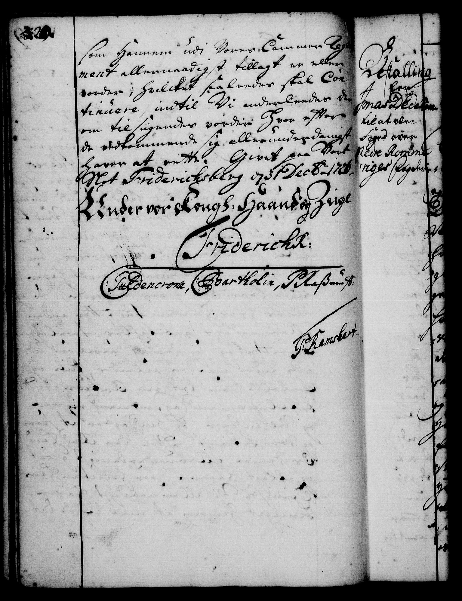 Rentekammeret, Kammerkanselliet, RA/EA-3111/G/Gg/Gge/L0001: Norsk bestallingsprotokoll med register (merket RK 53.25), 1720-1730, p. 320
