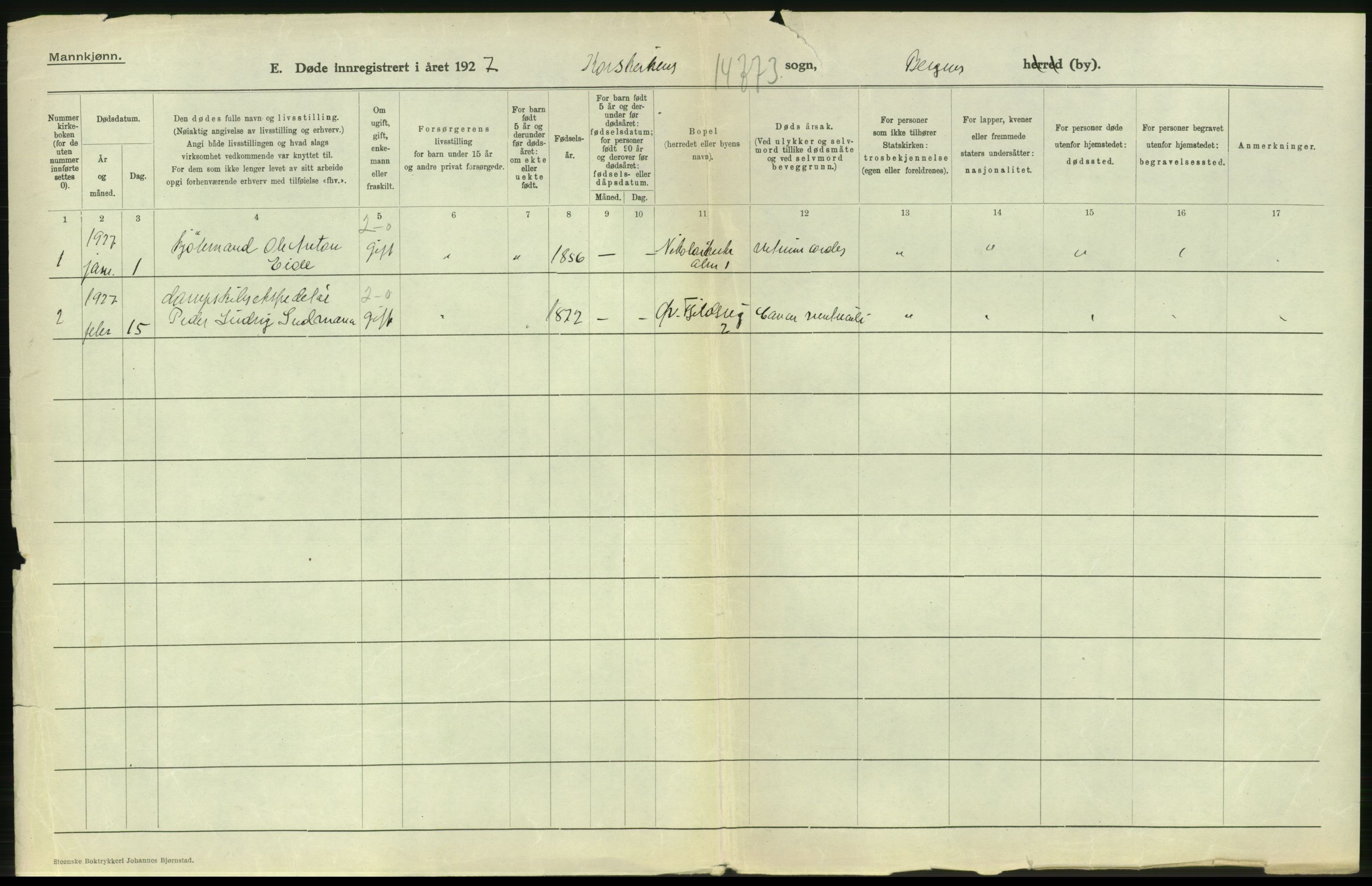 Statistisk sentralbyrå, Sosiodemografiske emner, Befolkning, RA/S-2228/D/Df/Dfc/Dfcg/L0028: Bergen: Gifte, døde., 1927, p. 724