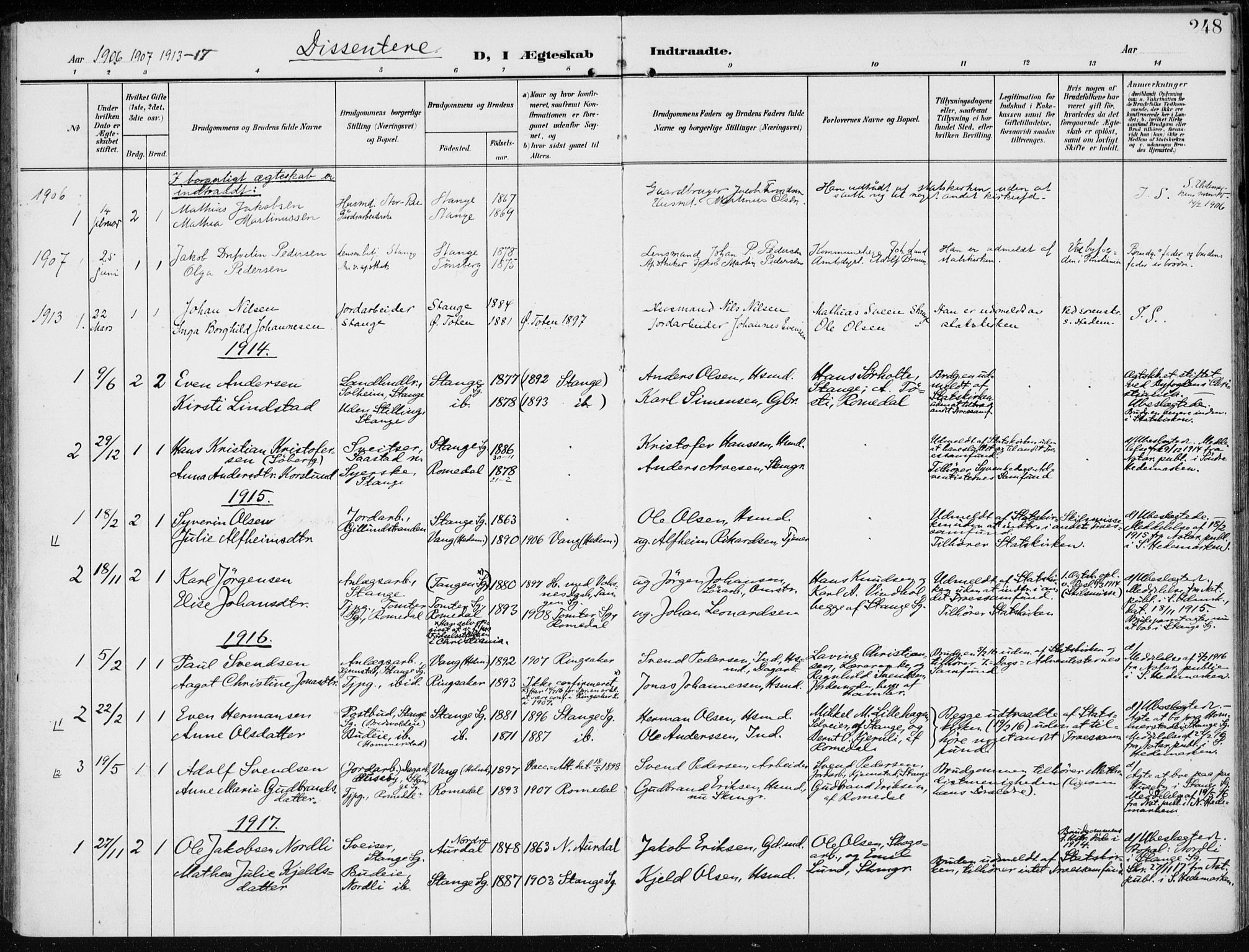 Stange prestekontor, SAH/PREST-002/K/L0024: Parish register (official) no. 24, 1906-1922, p. 248