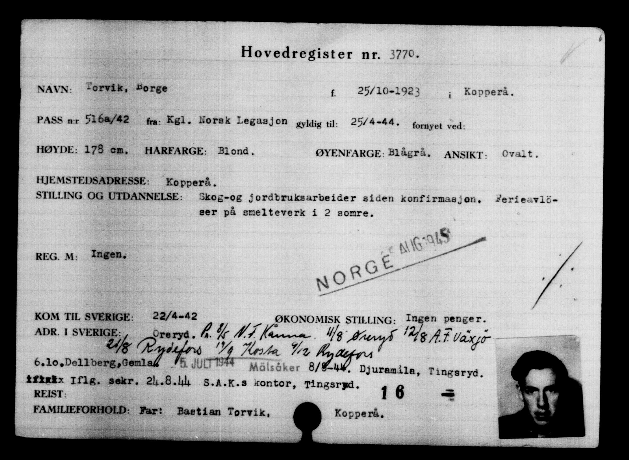 Utenriksstasjonene, Legasjonen i Stockholm, Flyktningkontoret, AV/RA-S-6753/V/Va/L0004: Kjesäterkartoteket, flyktninger med registreringsnr. 3496-6610, 1940-1945, p. 315