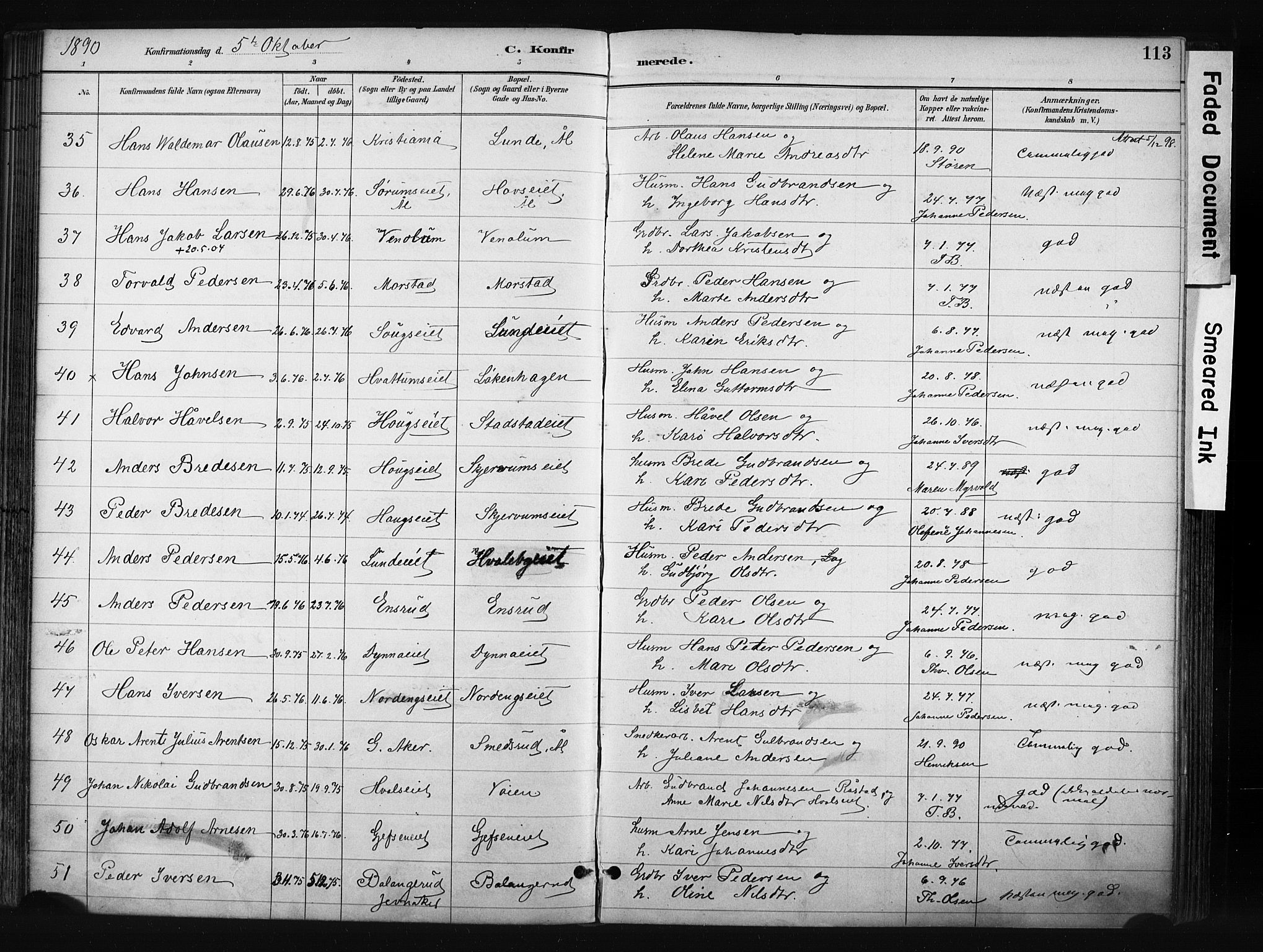 Gran prestekontor, AV/SAH-PREST-112/H/Ha/Haa/L0017: Parish register (official) no. 17, 1889-1897, p. 113