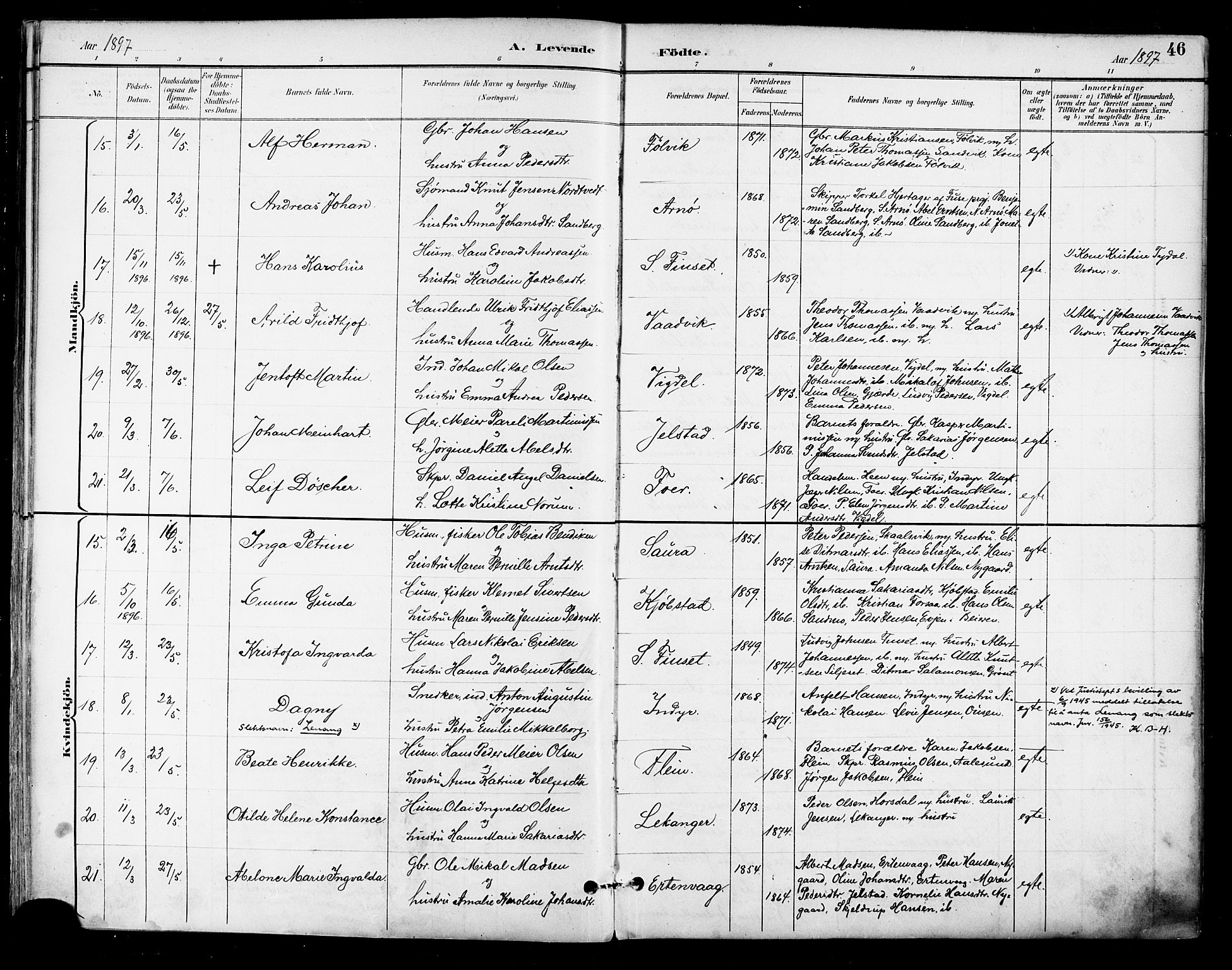 Ministerialprotokoller, klokkerbøker og fødselsregistre - Nordland, AV/SAT-A-1459/805/L0101: Parish register (official) no. 805A07, 1892-1899, p. 46